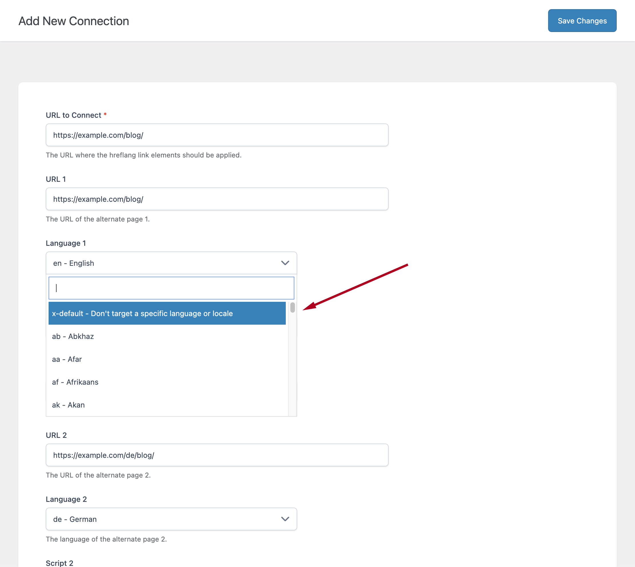 The "x-default" value in the language selector of the Hreflang Manager plugin admin area.