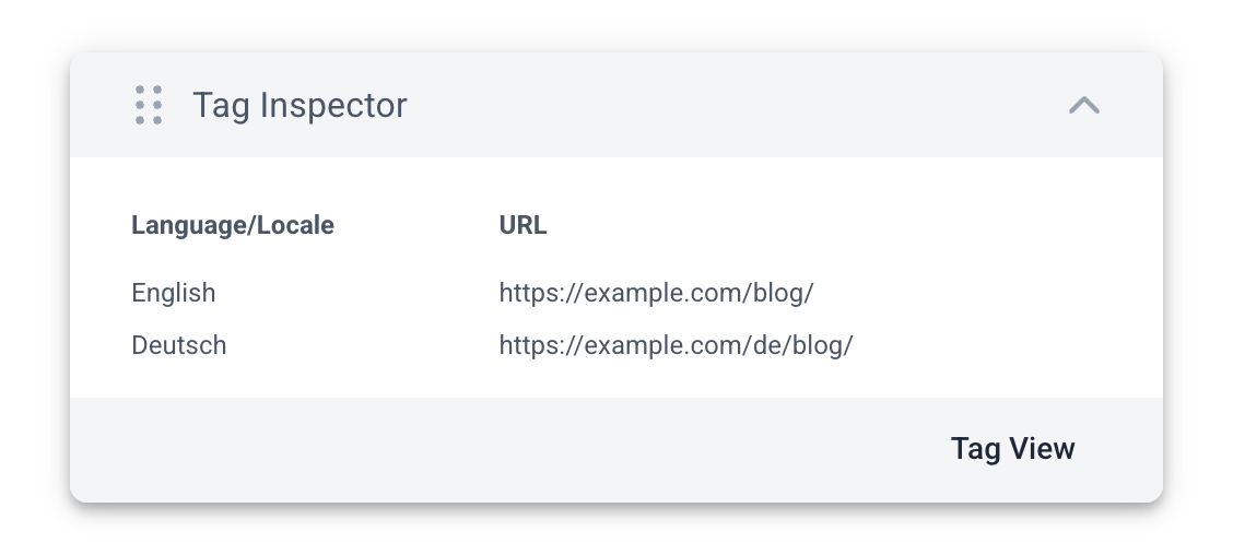 The Tag Inspector in "Table View" mode is displayed in the front end of a WordPress website as a floating panel.