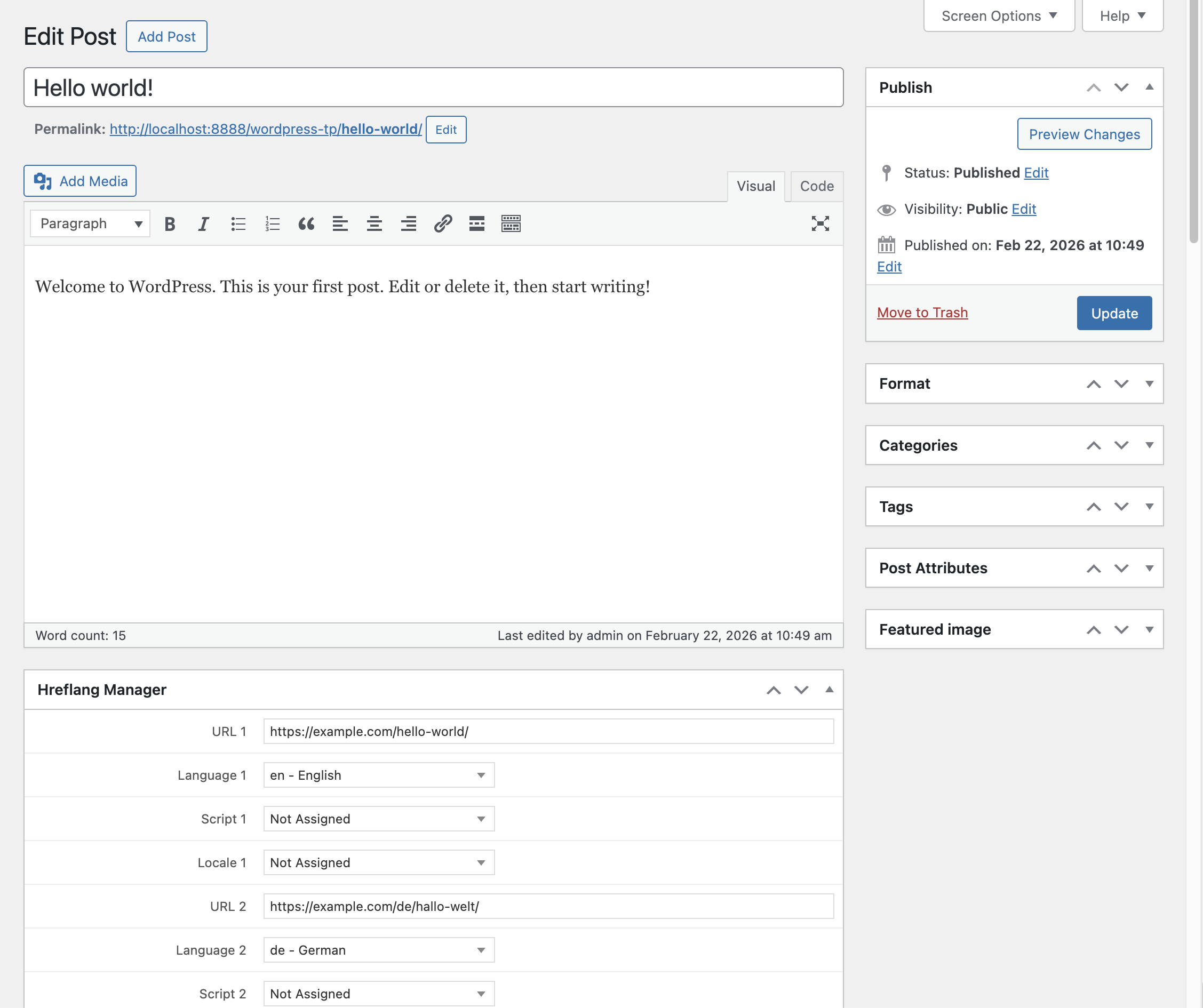 Hreflang Manager meta box showing alternate URL fields filled with language and locale selections.