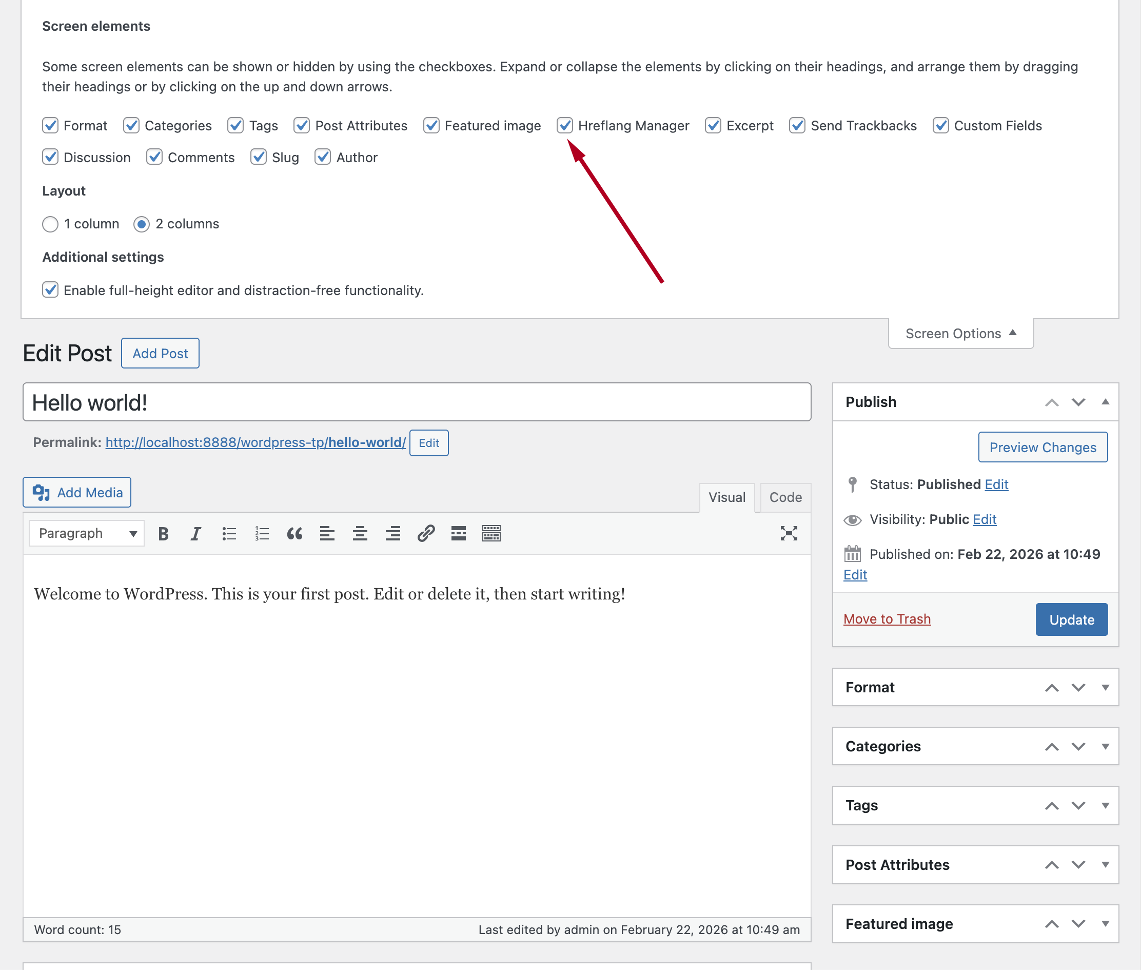 Screen Options panel with the Hreflang Manager checkbox checked.