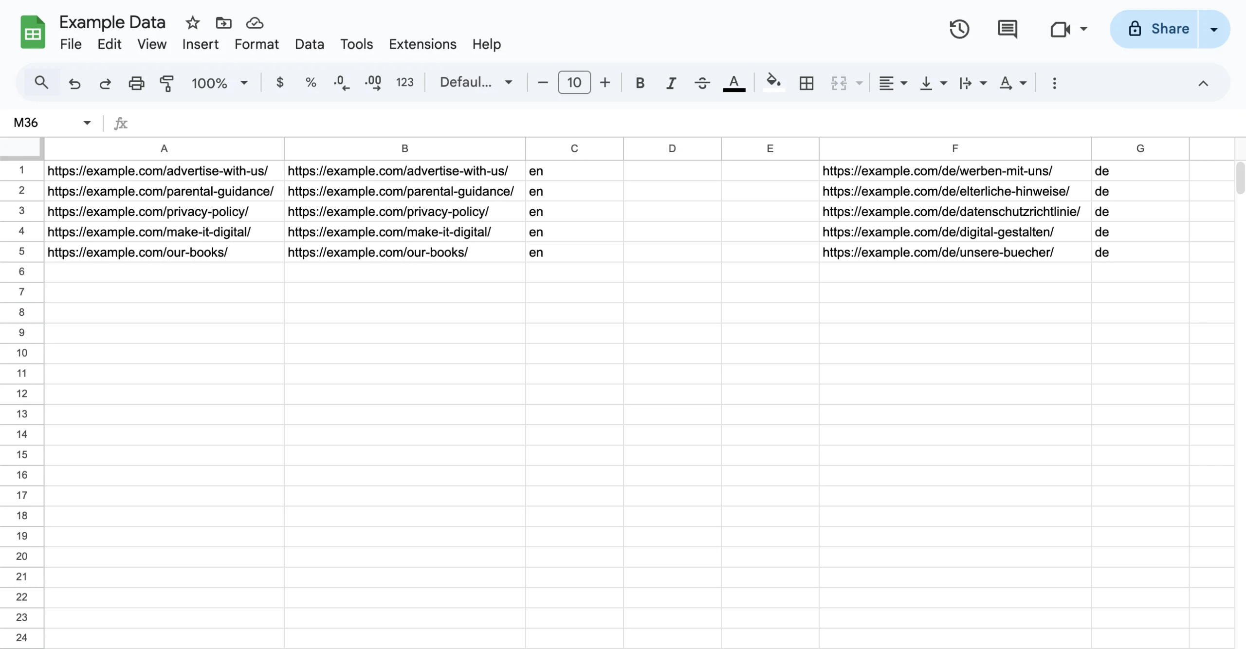 Example of the required spreadsheet column format for bulk hreflang import.