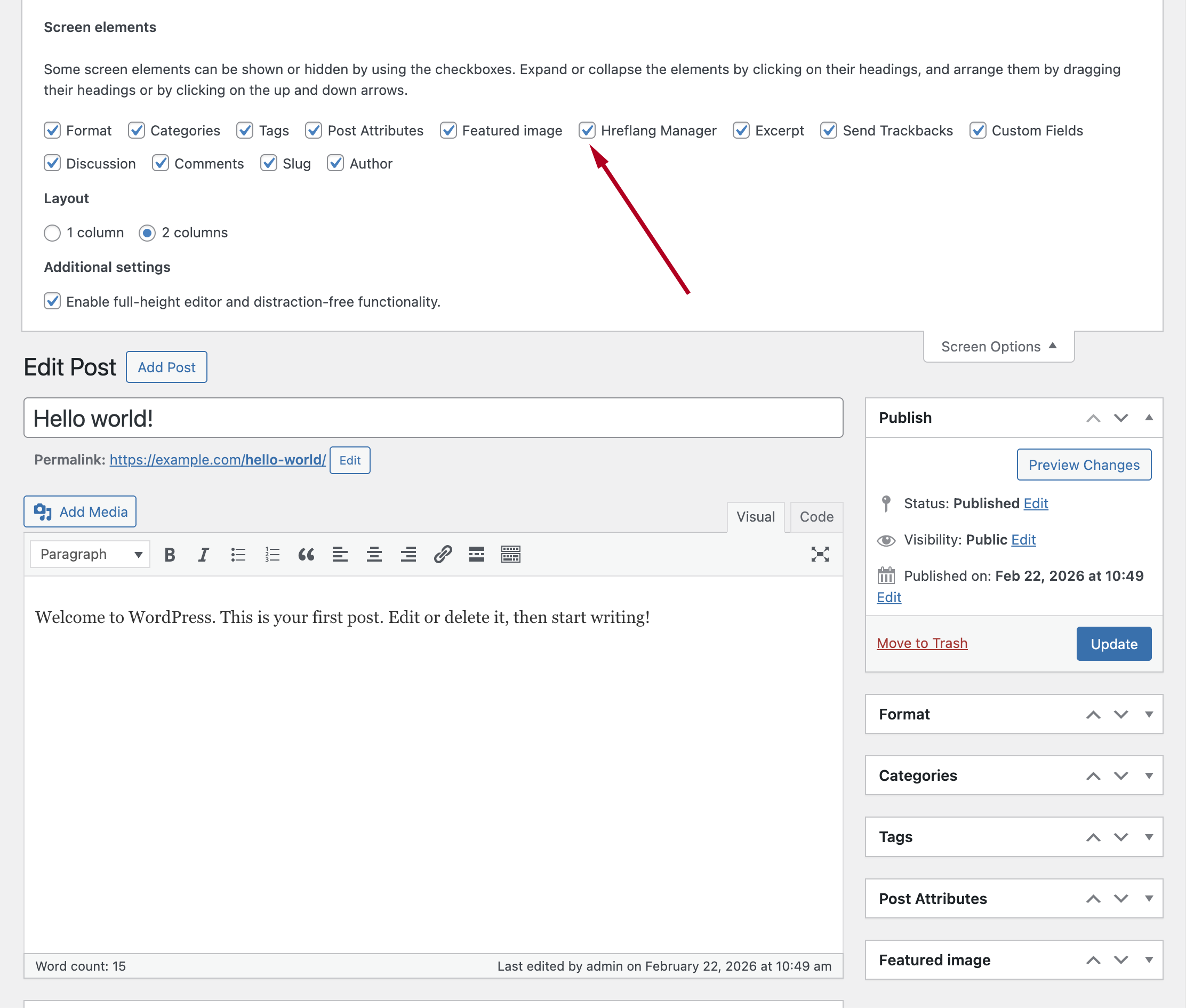 Screen Options panel with the Hreflang Manager checkbox checked.