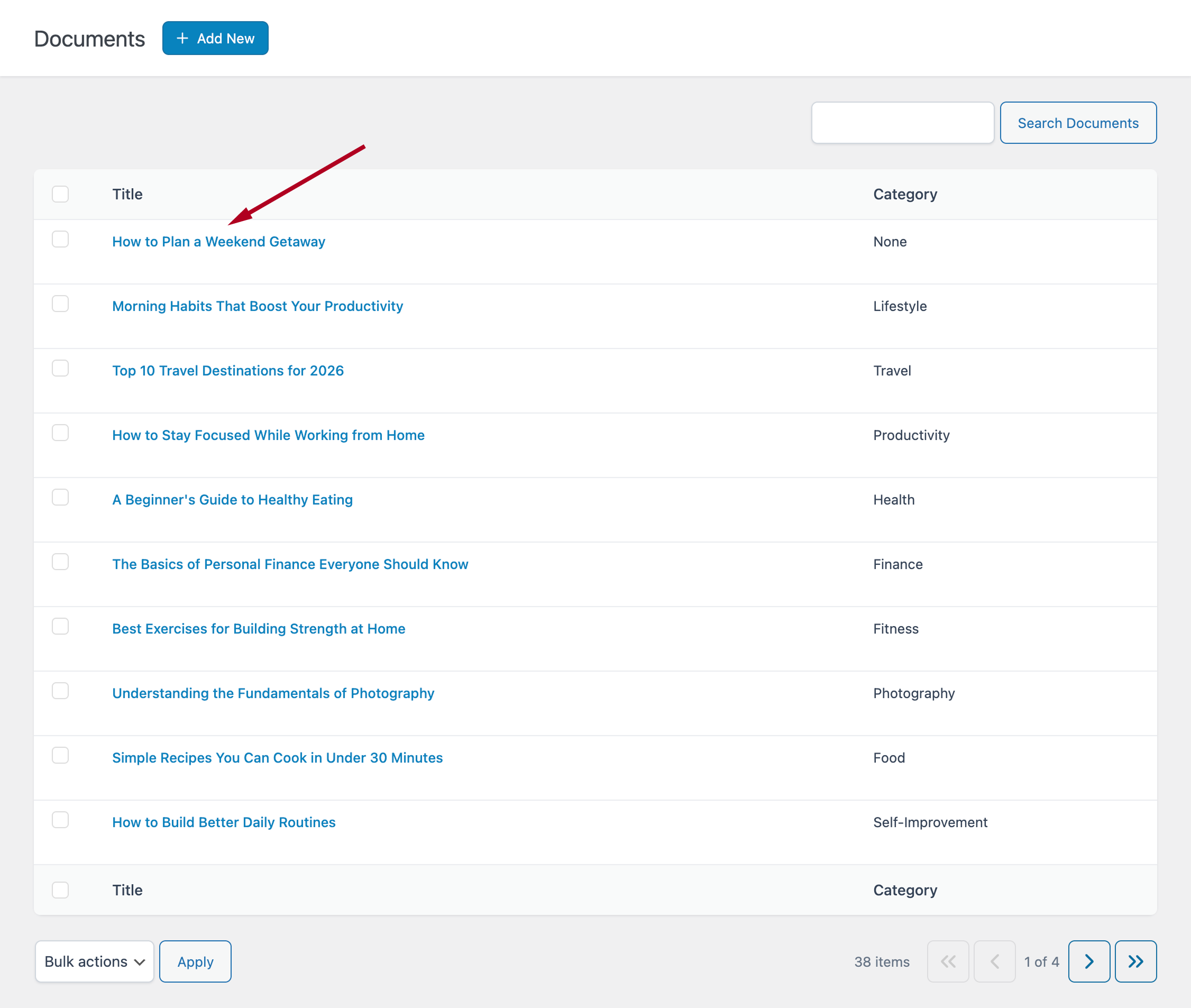 Ultimate Markdown plugin Documents menu with a document created from the imported file.