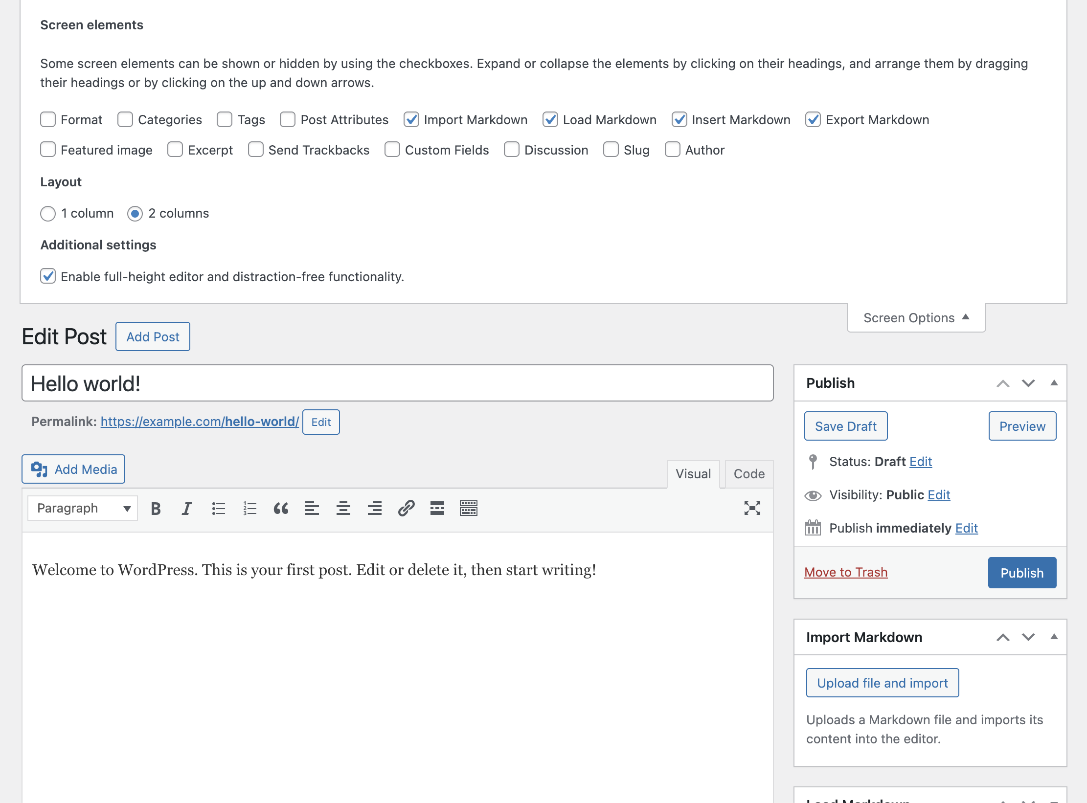 The classic editor with the Screen Options dropdown toggle opened and the four checkboxes options used to activate the Ultimate Markdown panels enabled.