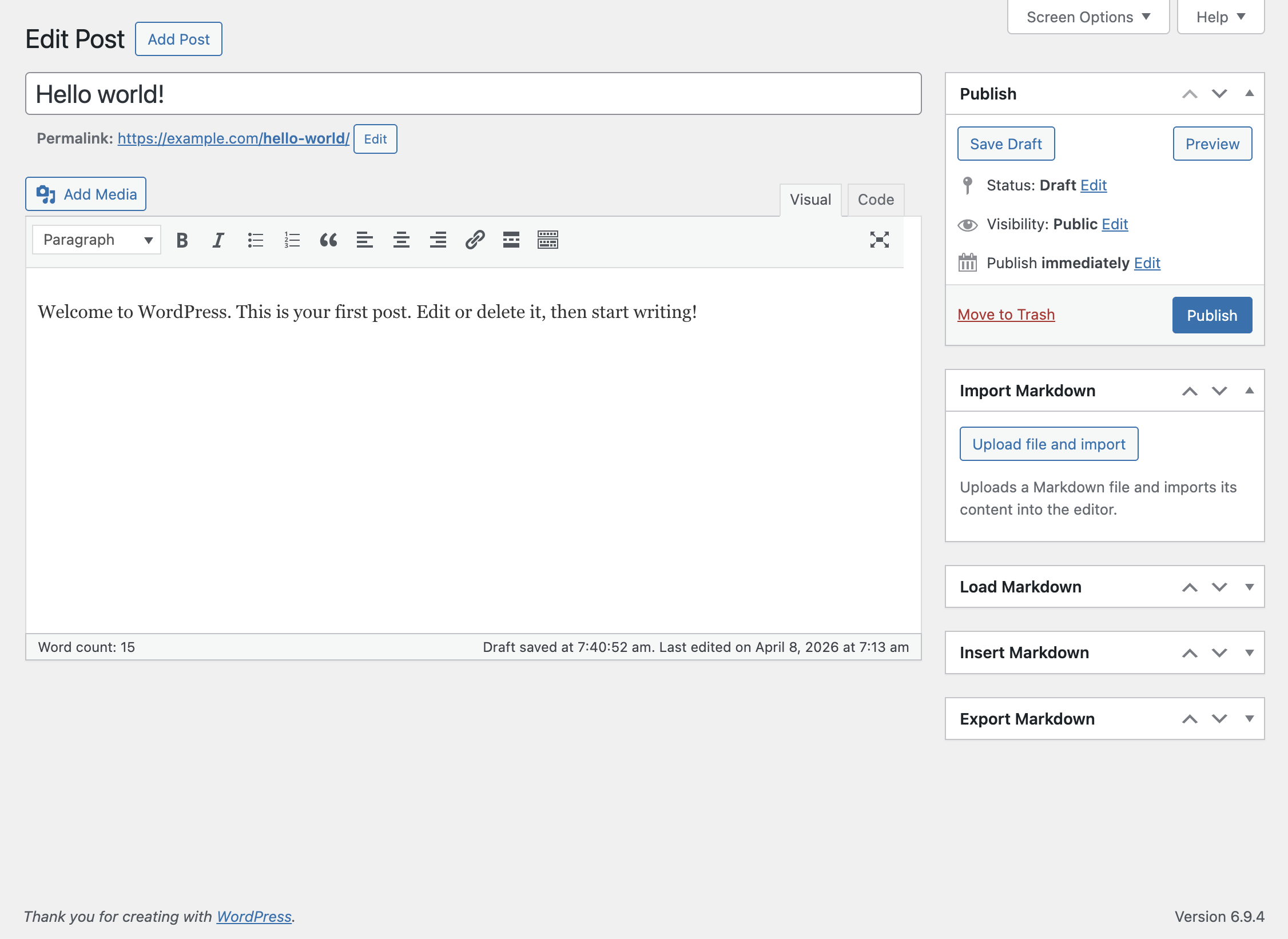 Classic editor with the four meta boxes added by Ultimate Markdown displayed in the sidebar.