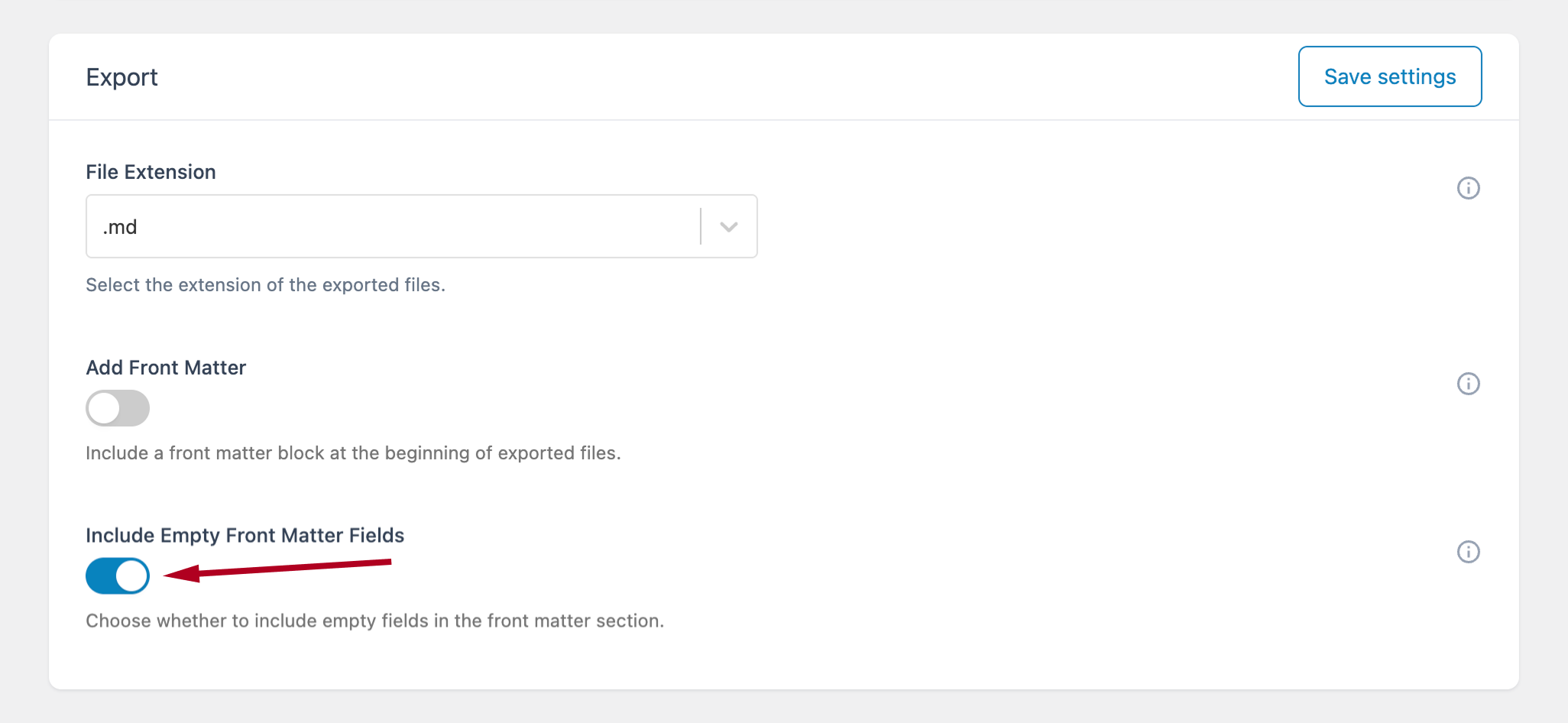 Include Empty Front Matter Fields toggle enabled in the Export options of the Ultimate Markdown plugin.