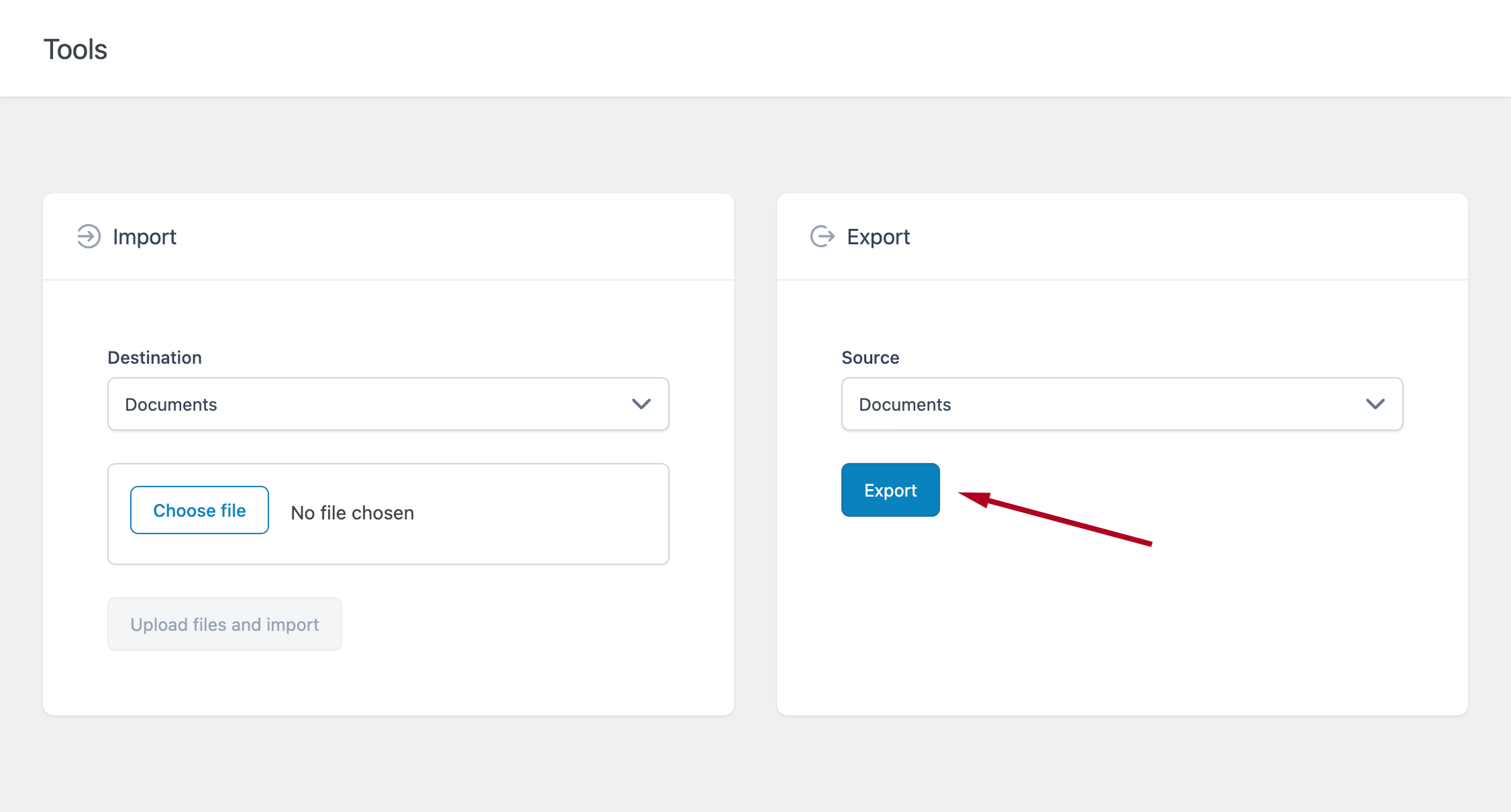 Tools menu with the Export section visible, Documents selected as the source, and an arrow highlighting the Export button.