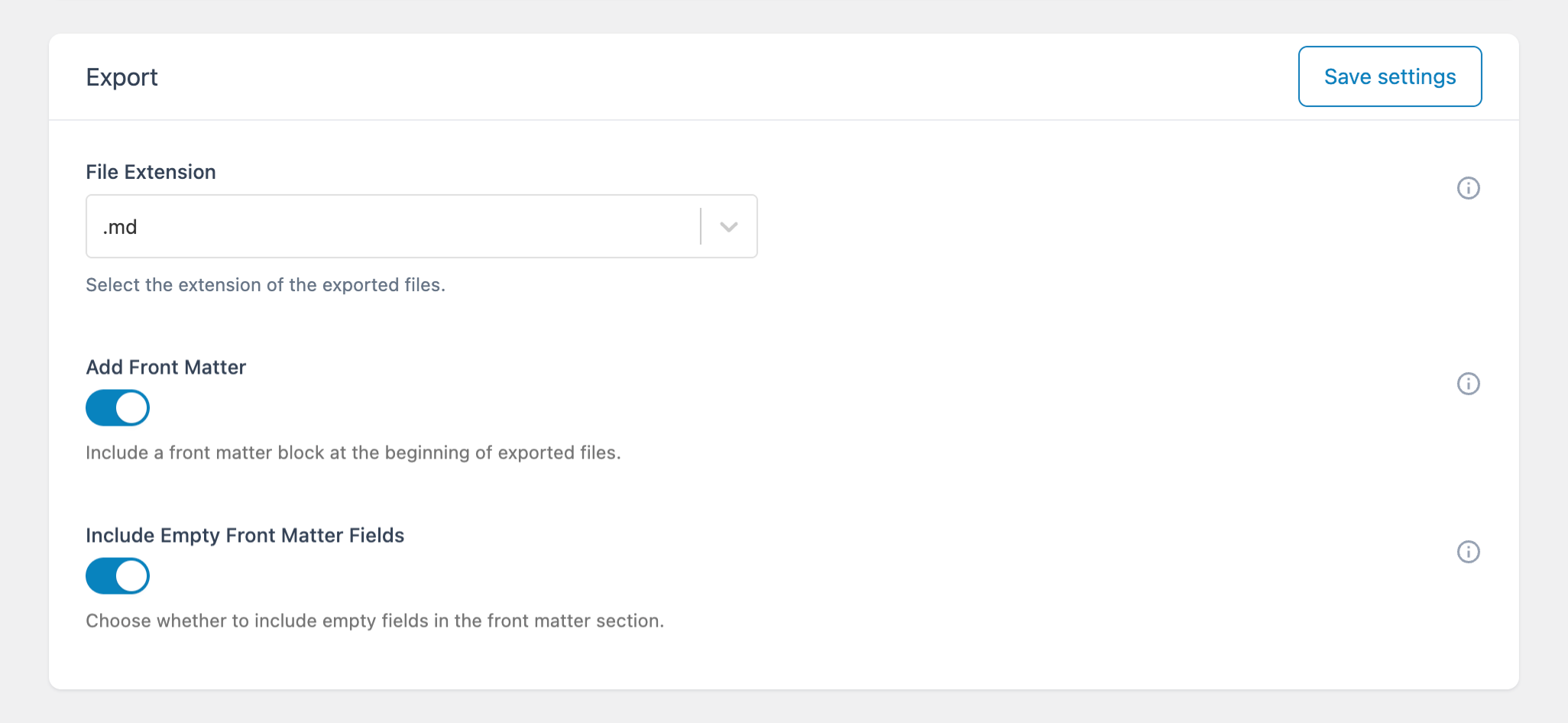 Ultimate Markdown advanced settings showing the Export section with two Front Matter options.
