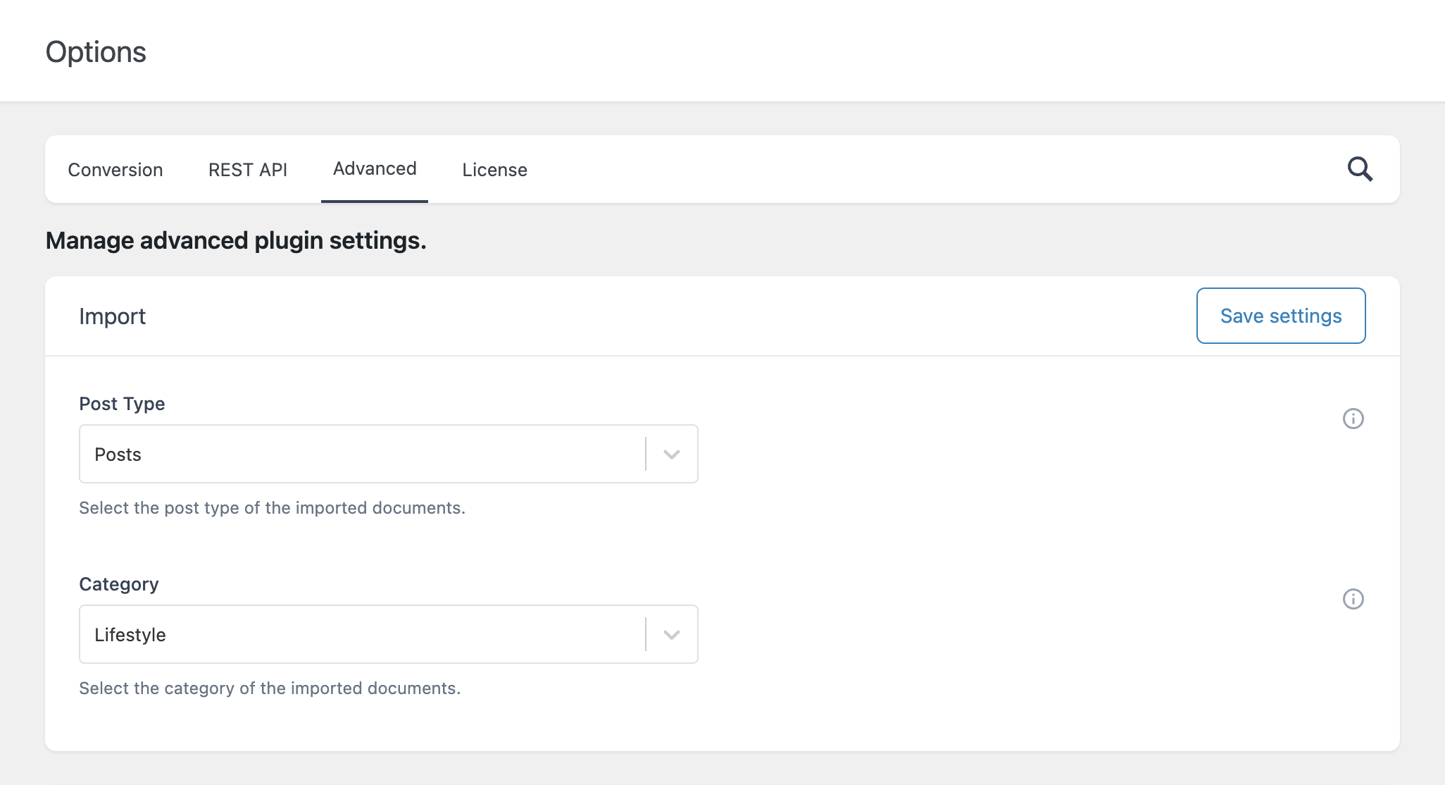 Post Type and Category options in the Advanced tab of the plugin options