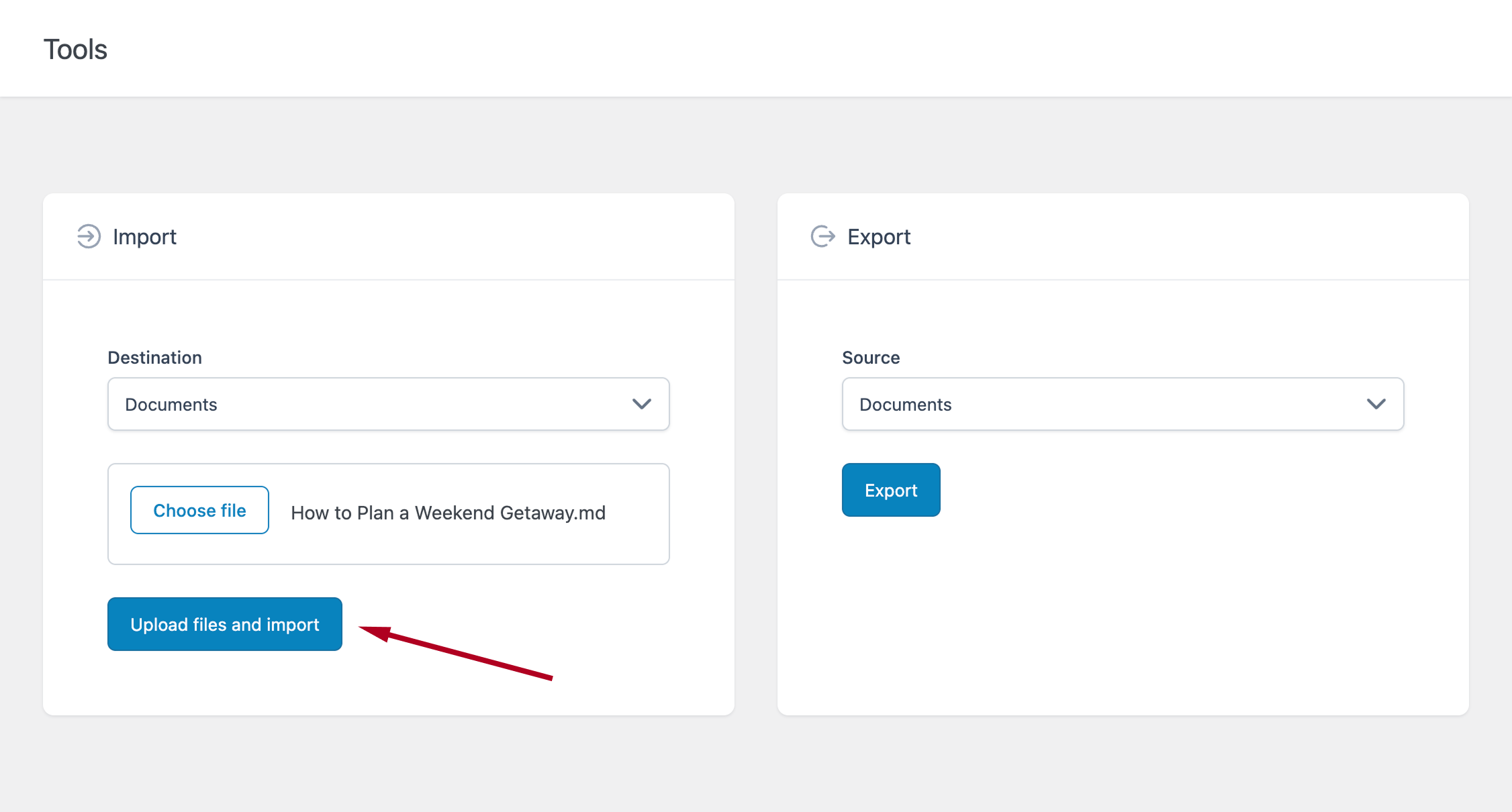 Tools menu of the Ultimate Markdown plugin with destination set to Documents and a file selected.