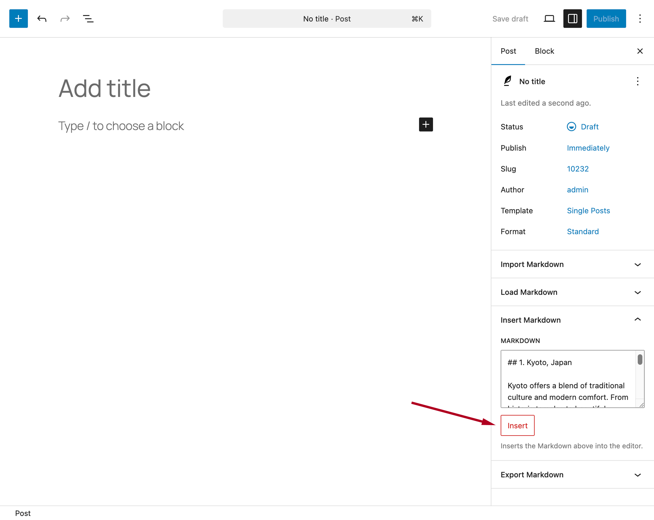 WordPress block editor interface showing the Insert button in the Insert Markdown panel.