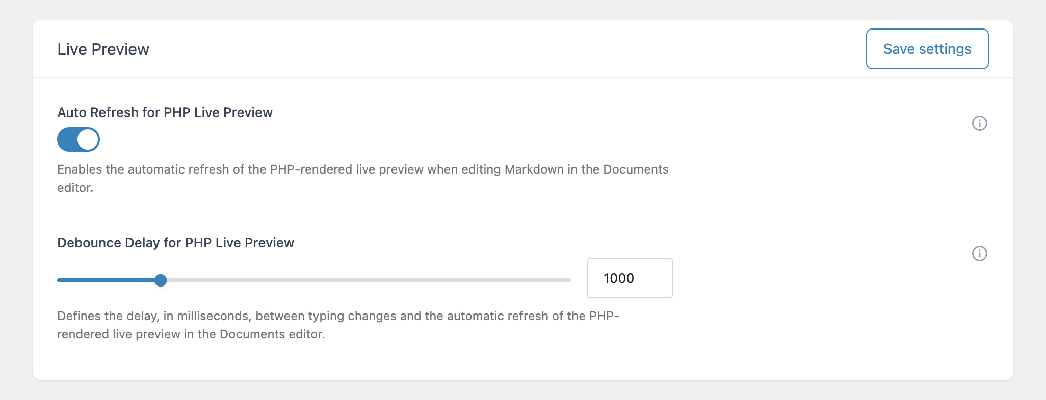 The Live Preview section in the Advanced options of the plugin.