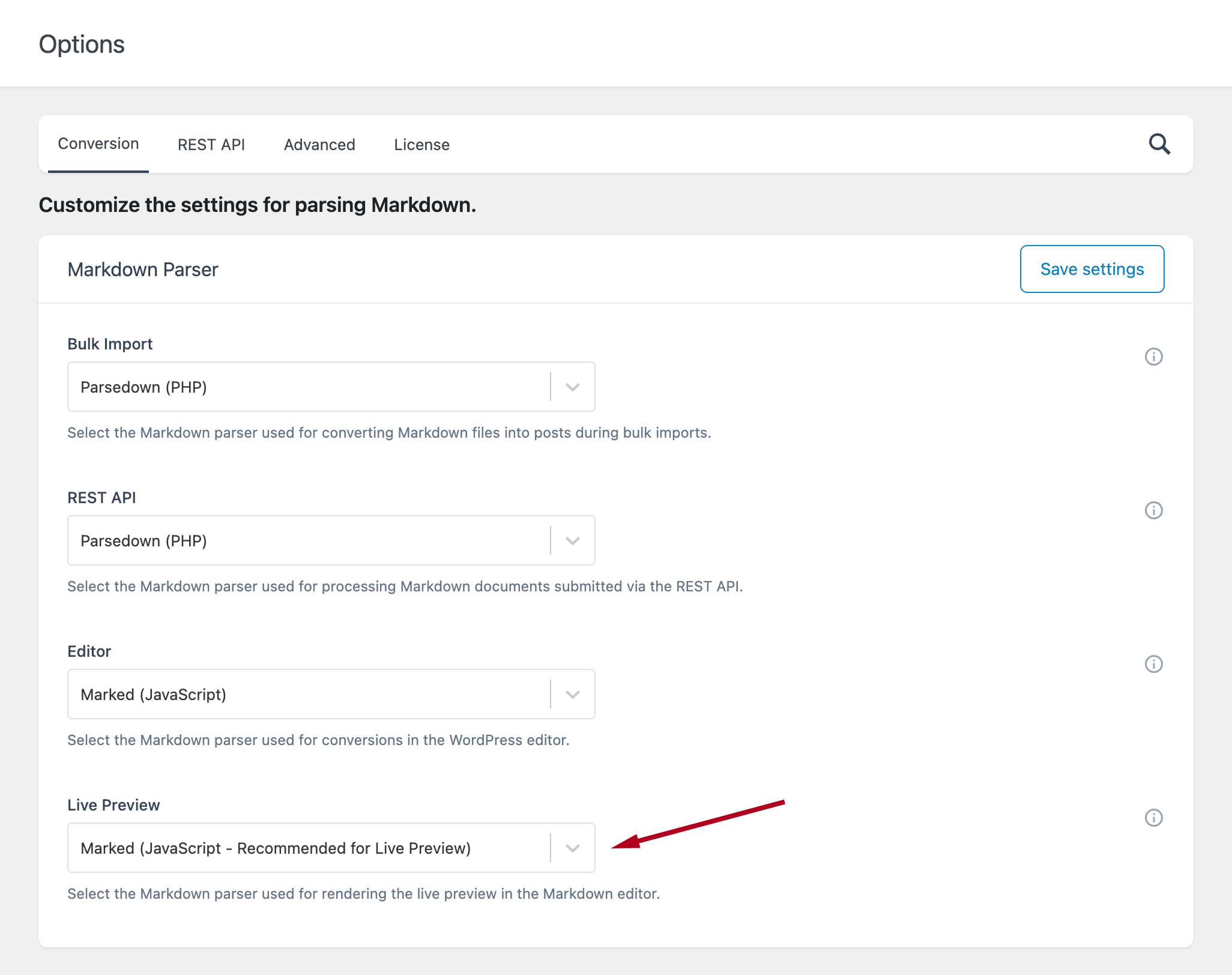 Settings option to select the Markdown parser used for live preview.
