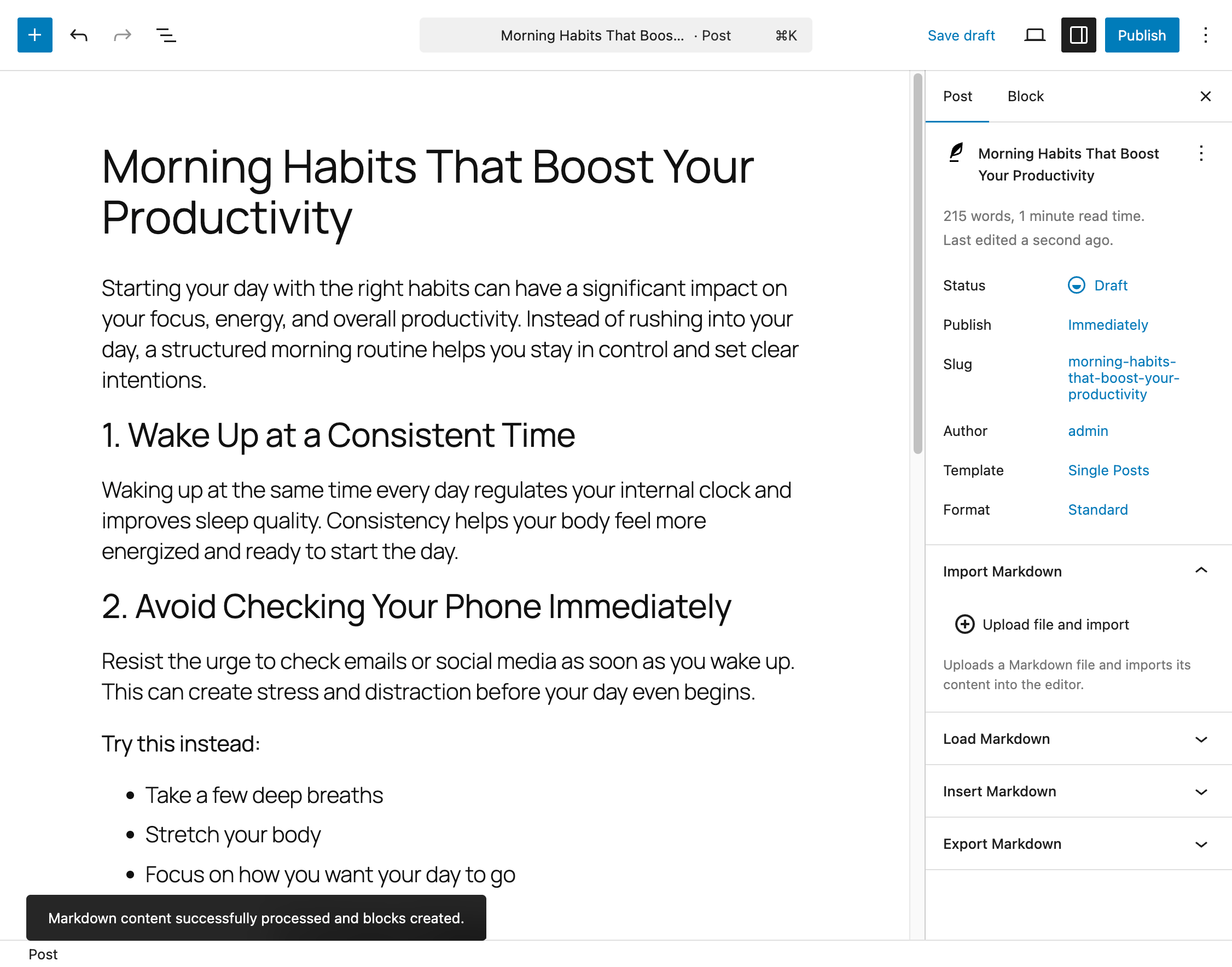 Import markdown panel with the post content updated and the notification visible in the bottom part of the screen