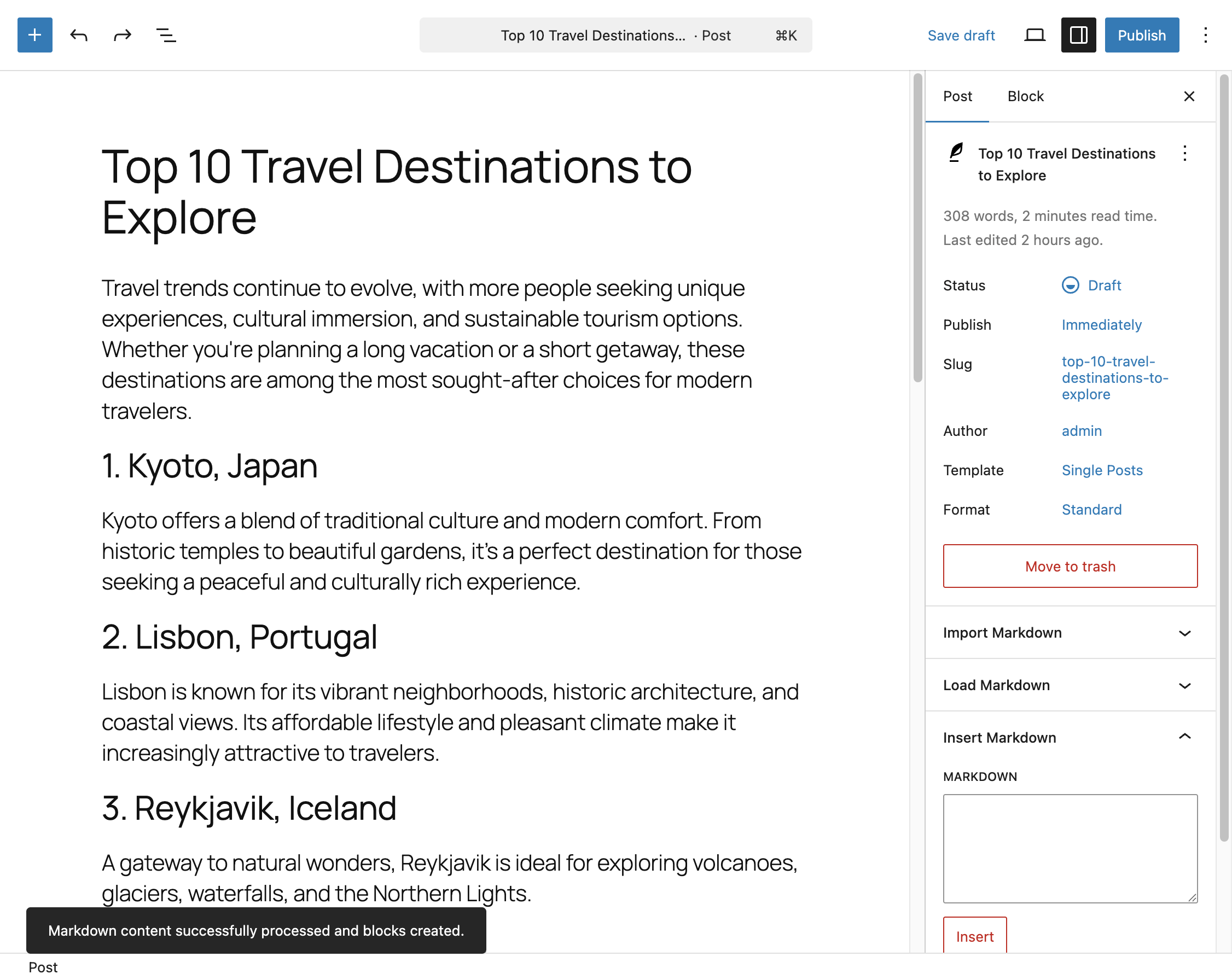 Post editor showing a success notification at the bottom after inserting Markdown text.