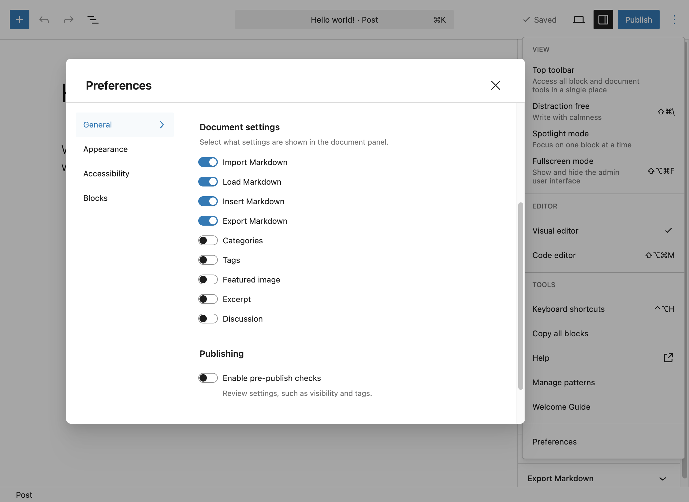 Preference modal window, in the General tab, with the four toggle enabled under the Documents settings section.