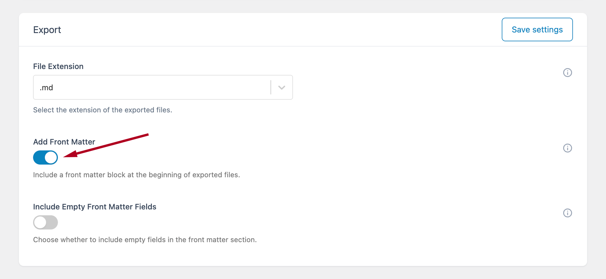 Add Front Matter toggle enabled in the Export options of the Ultimate Markdown plugin.