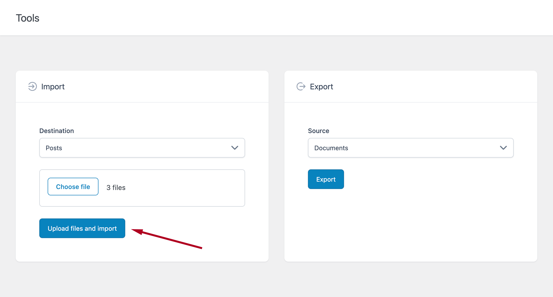 Tools menu with "Posts" selected as the destination and three Markdown files uploaded