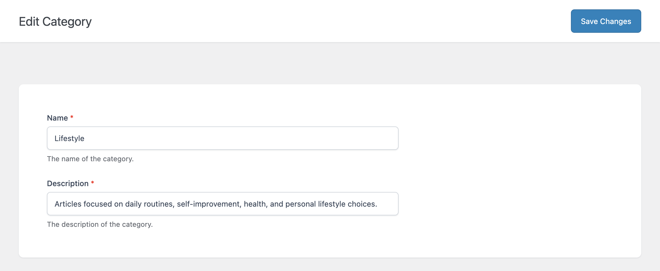 Categories menu with form opened in the Ultimate Markdown plugin for WordPress.