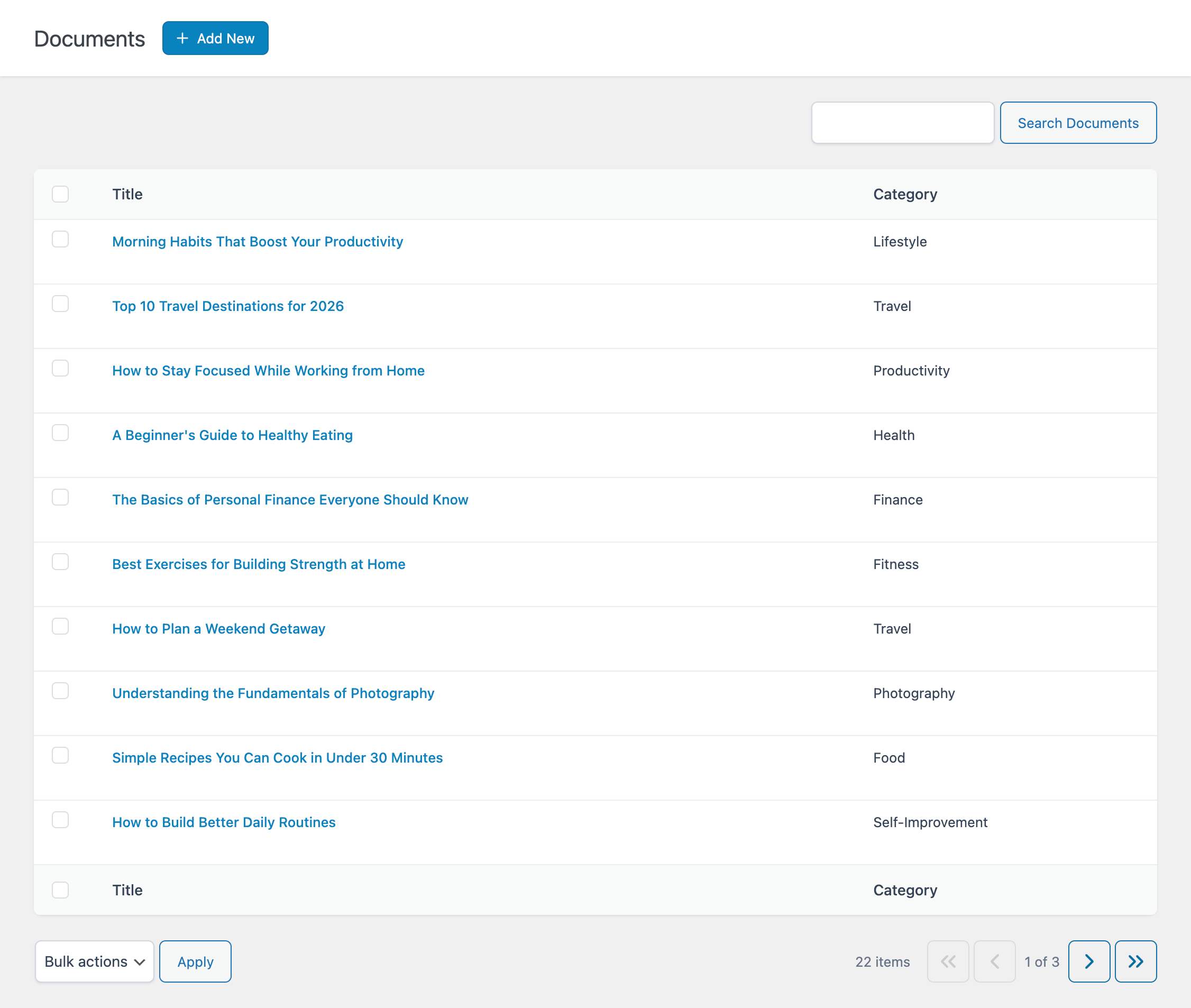 List of Markdown documents managed within the plugin dashboard