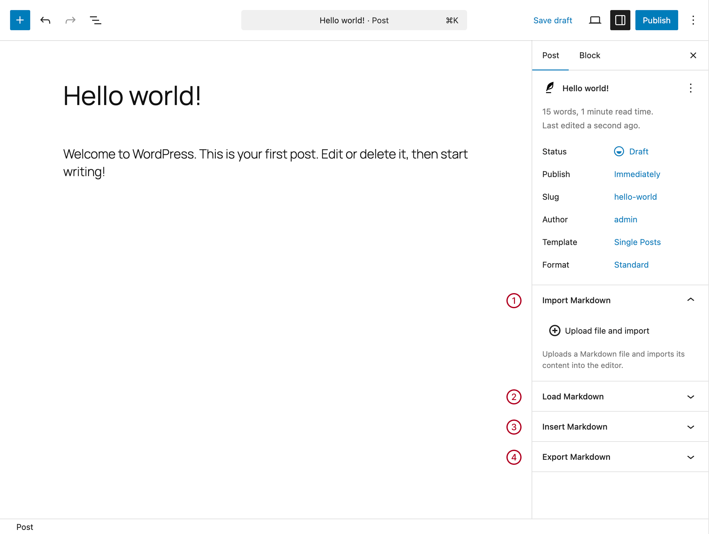 Editor panels added by Ultimate Markdown in the WordPress editor showing import, export, and document tools.