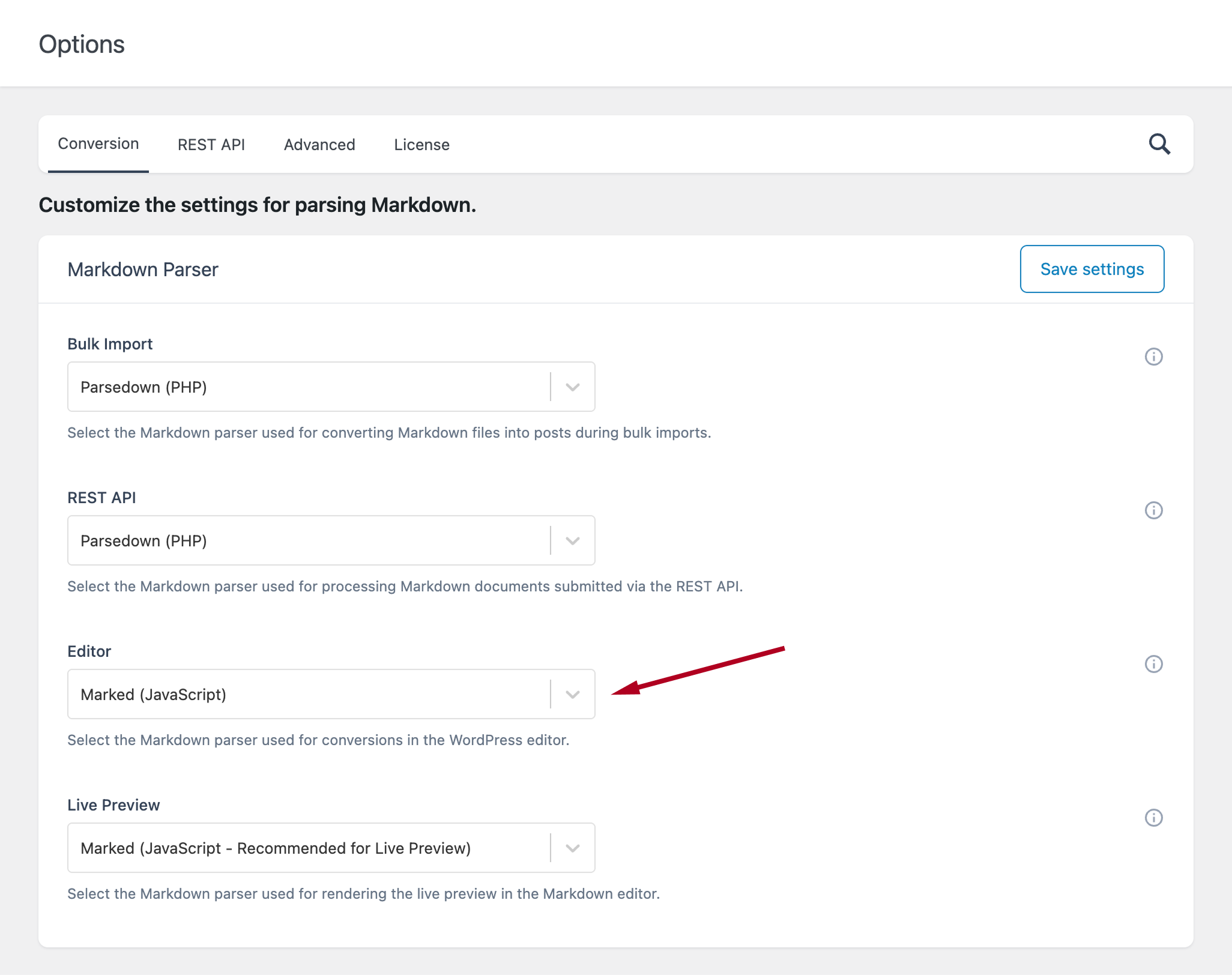 Ultimate Markdown plugin settings showing the option to configure the Markdown parser in the post editor.