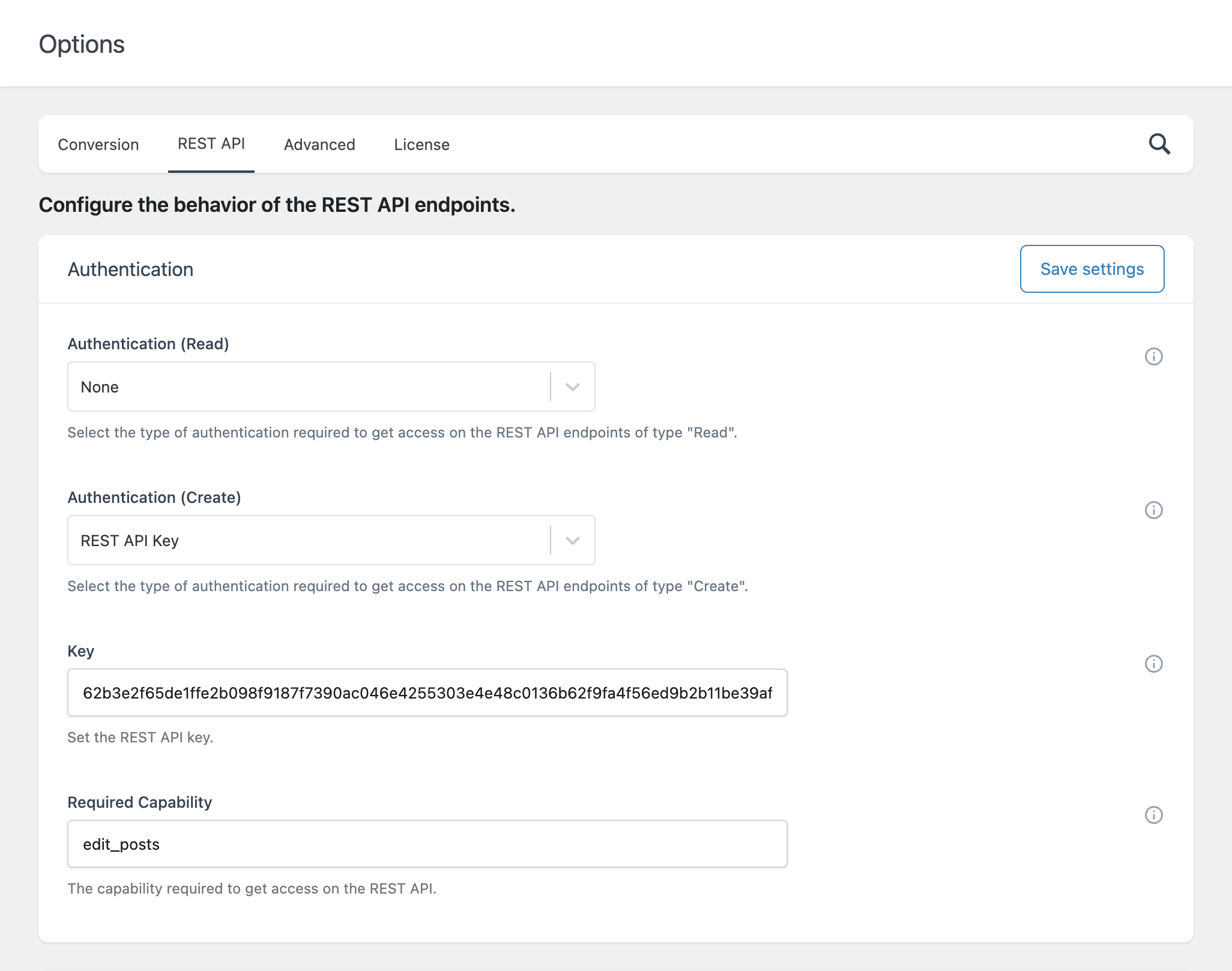REST API authentication settings in the Ultimate Markdown plugin options.