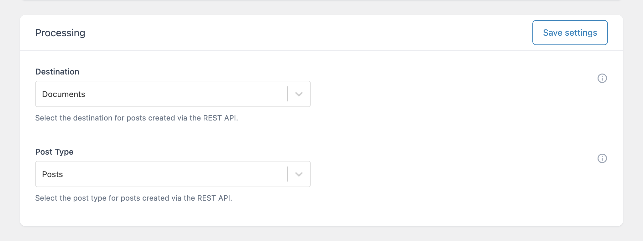 Ultimate Markdown plugin options page showing REST API processing settings with multiple configurable options.