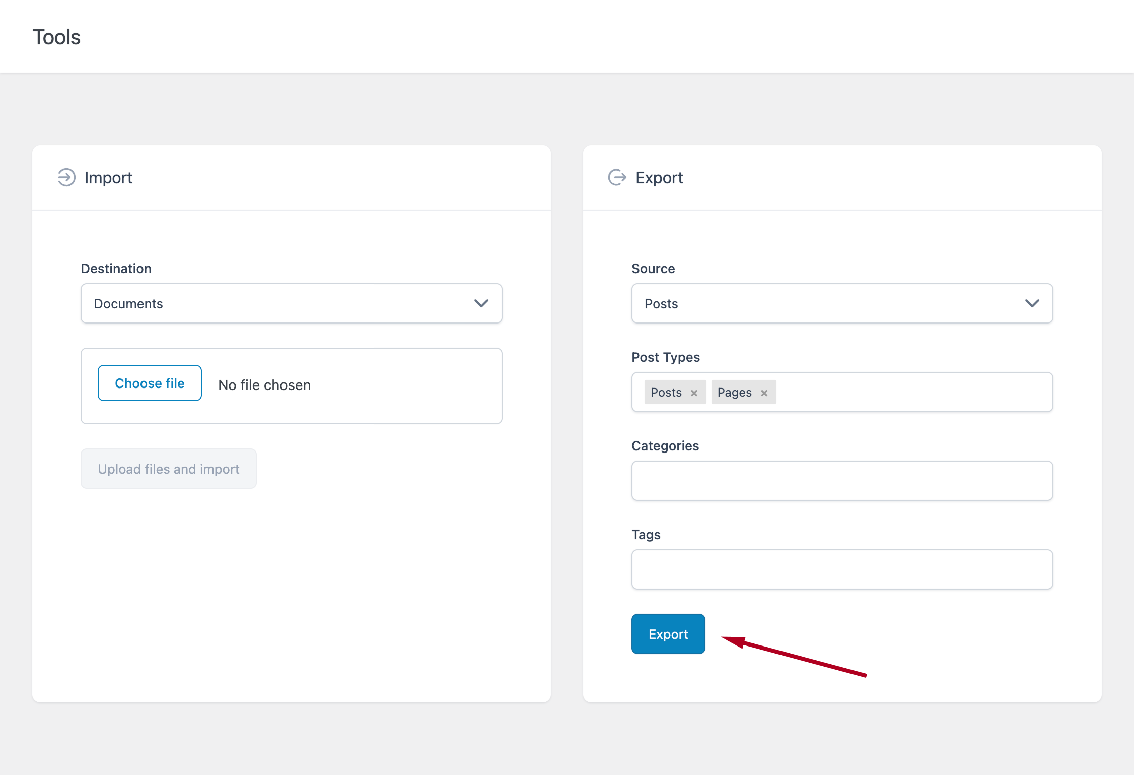 Export settings screen showing options to export WordPress content as Markdown files
