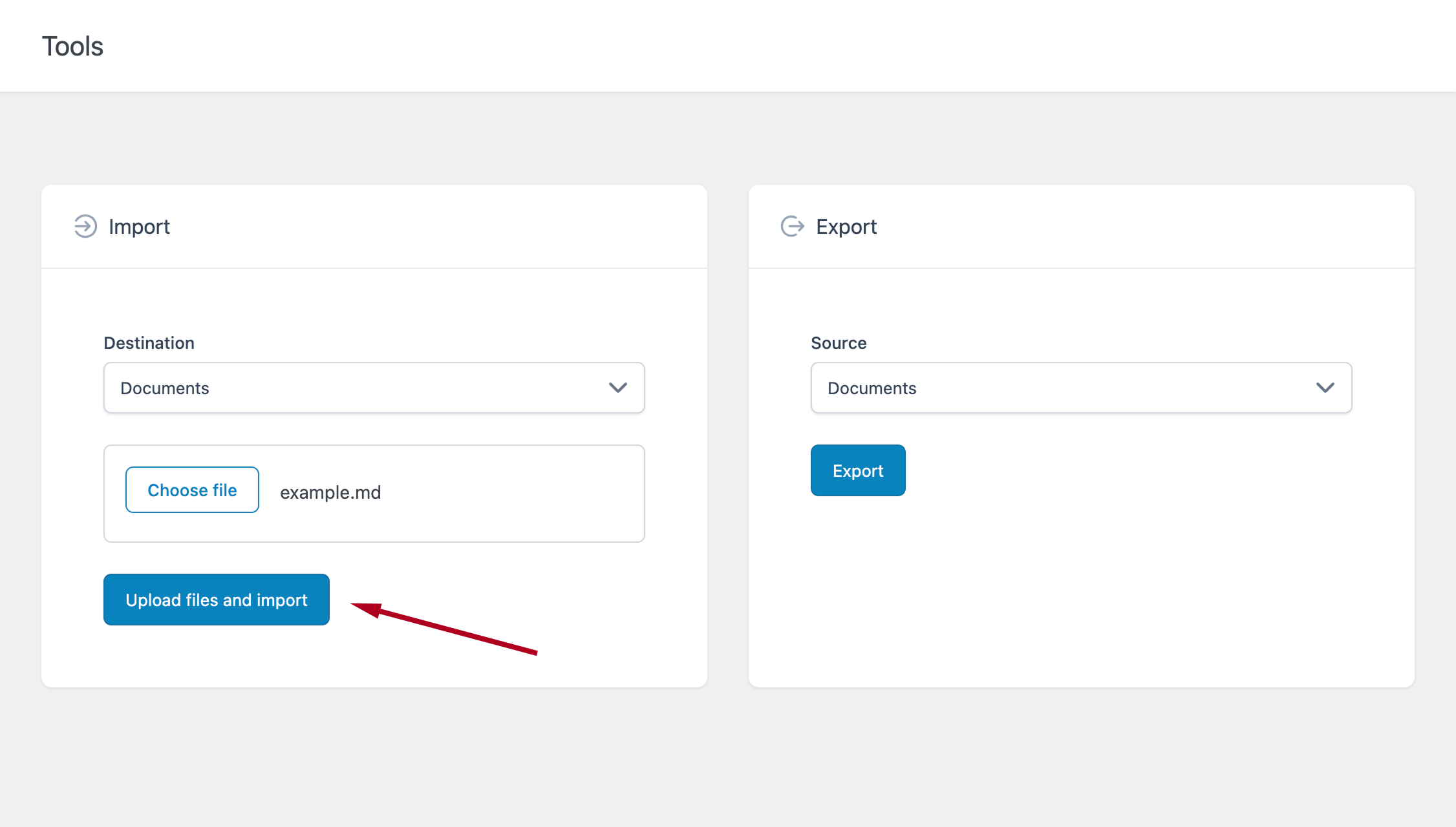 Import settings screen showing configuration options for importing Markdown files into WordPress