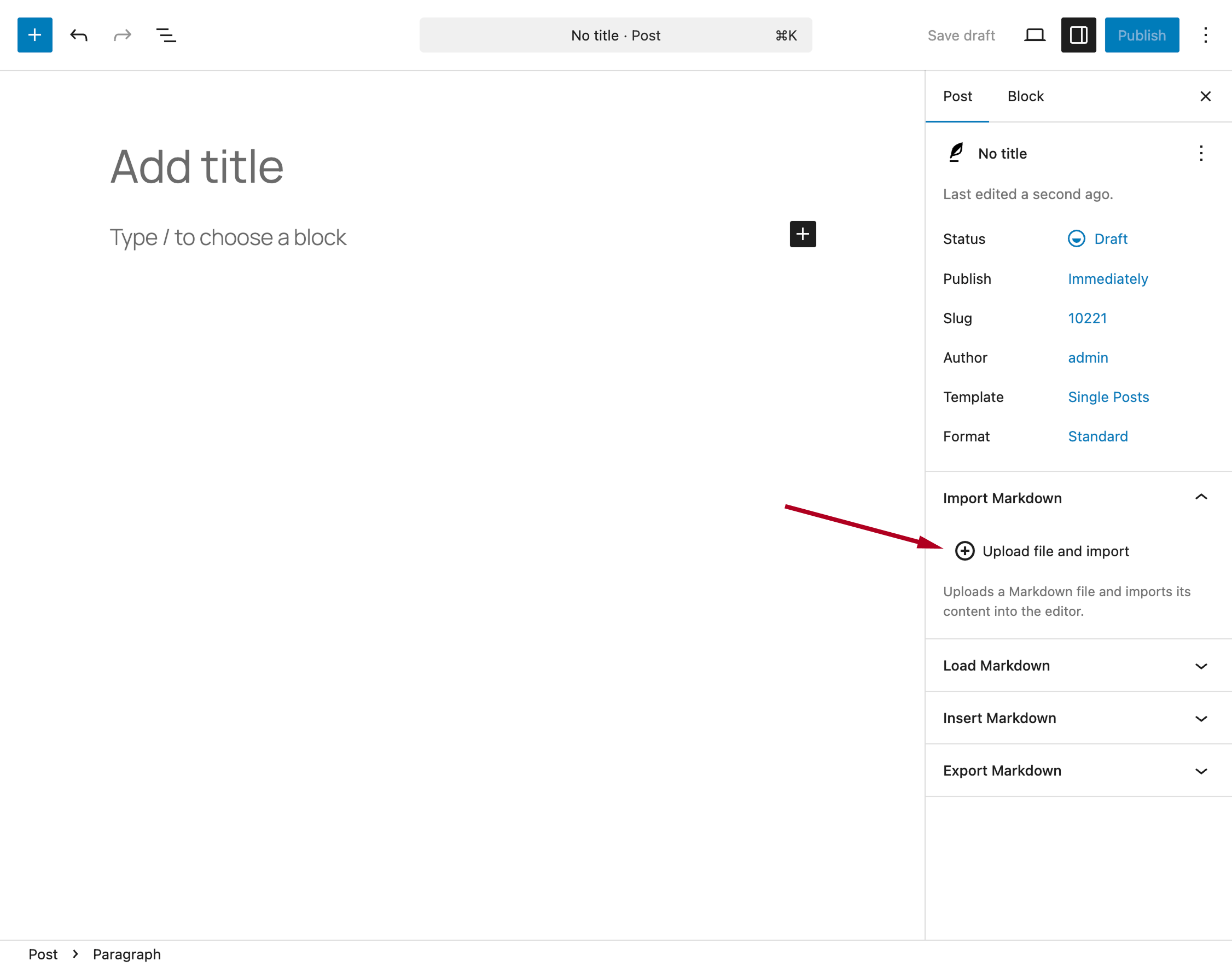 Upload file and Import button in the Import Markdown panel of the WordPress block editor.