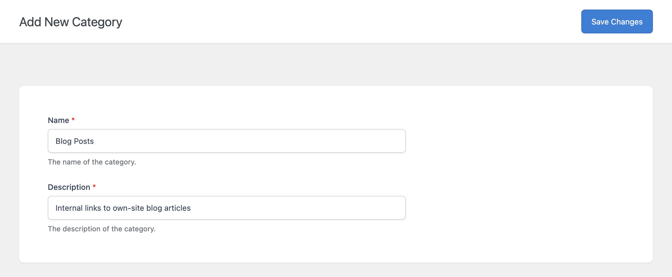 The Add New Category form showing the Name and Description fields.