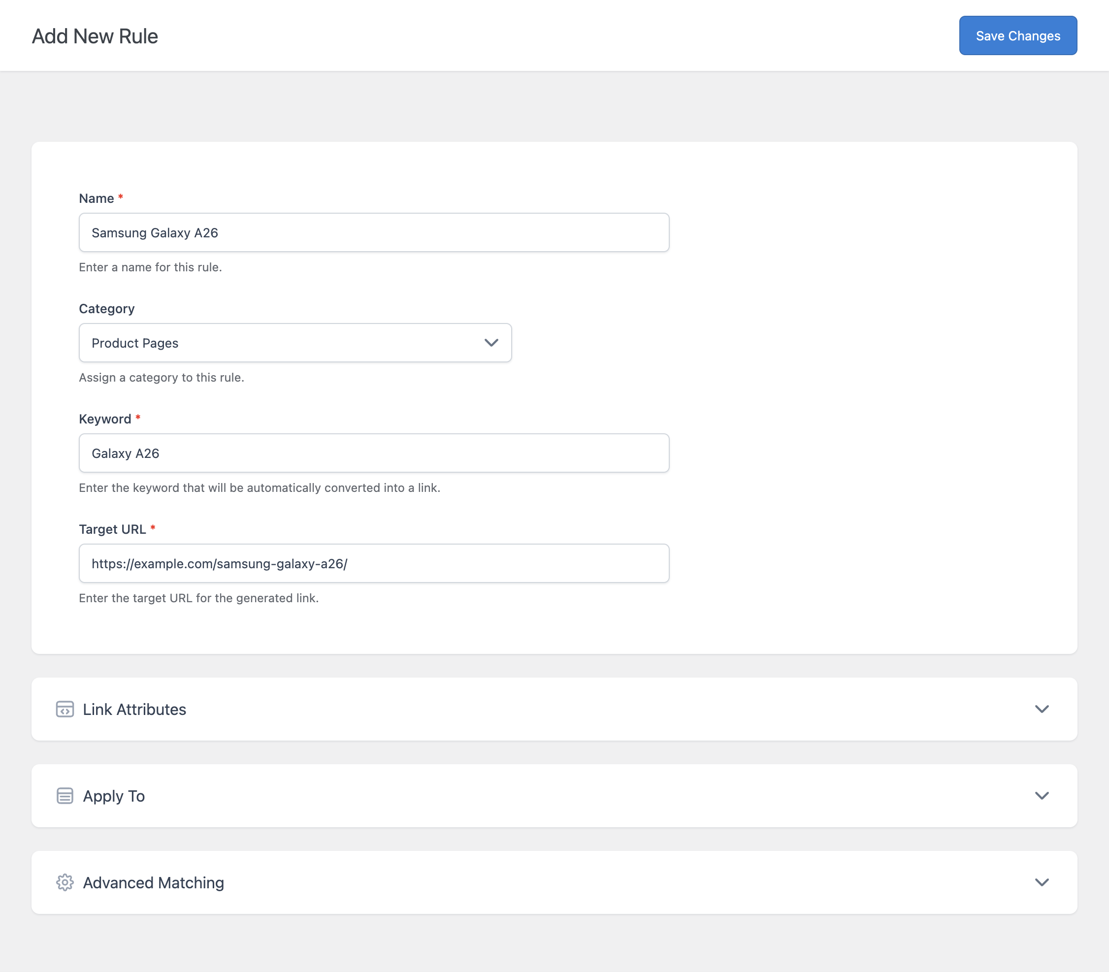 The Add New Rule form showing the Main section with Name, Category, Keyword, and Target URL fields.