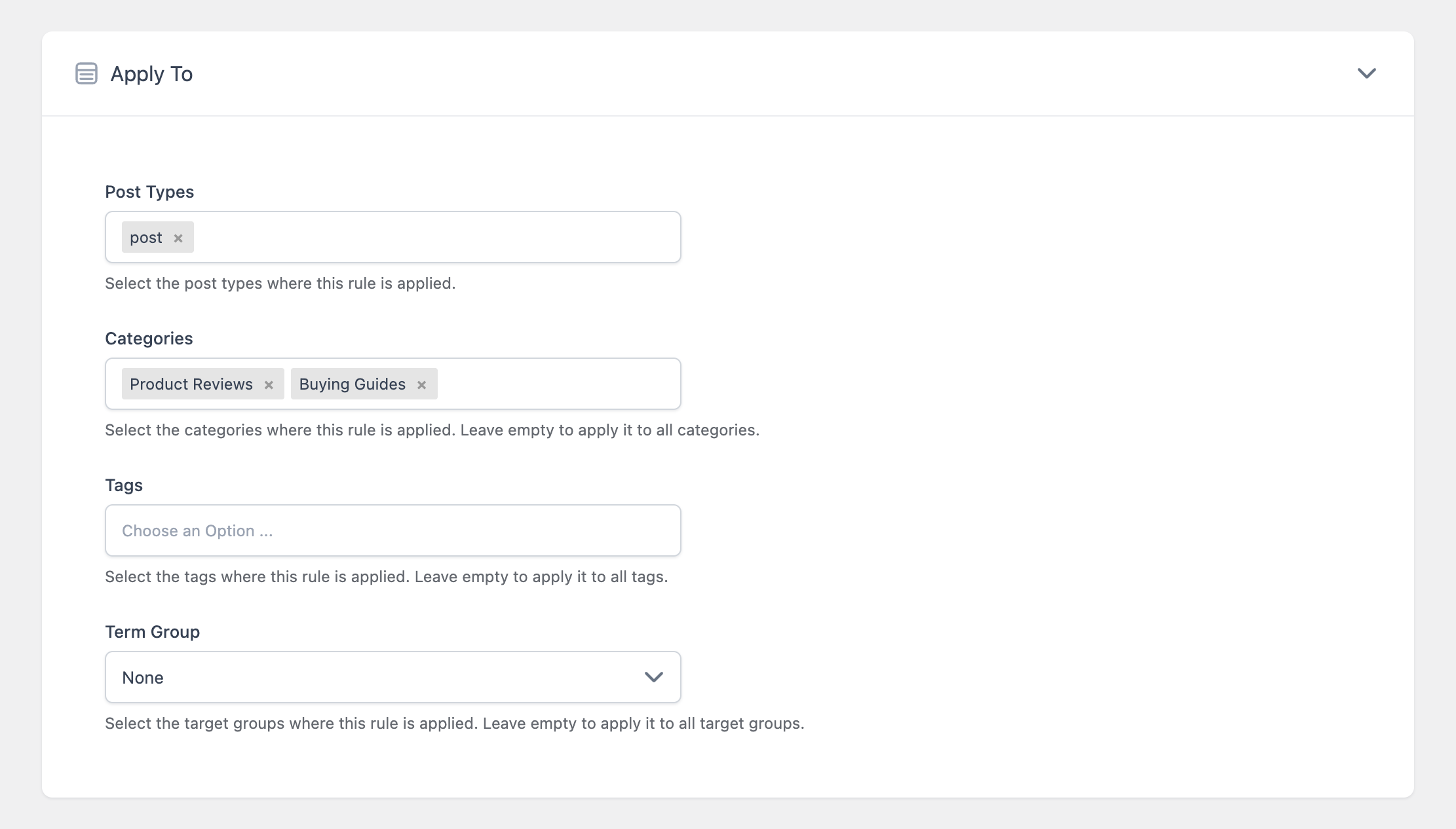 The Apply To section of the rule form showing the Post Types, Categories, Tags, and Term Group fields.