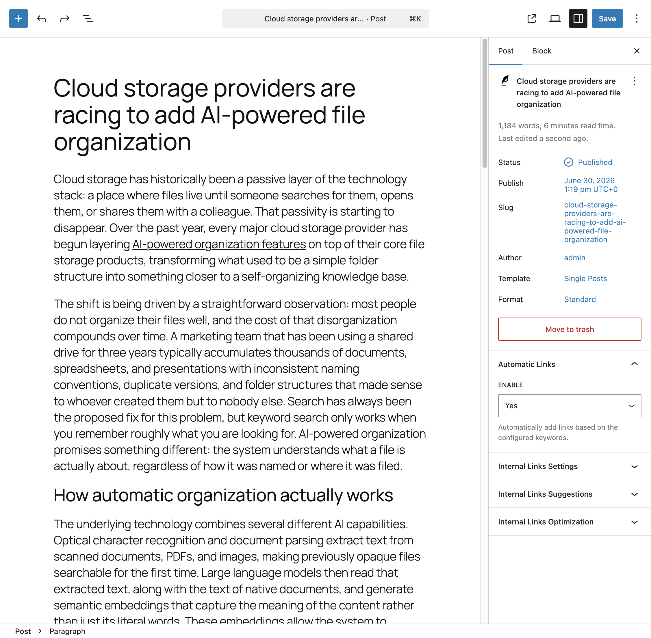 The Automatic Links panel in the block editor sidebar, showing the Enable dropdown set to Yes.