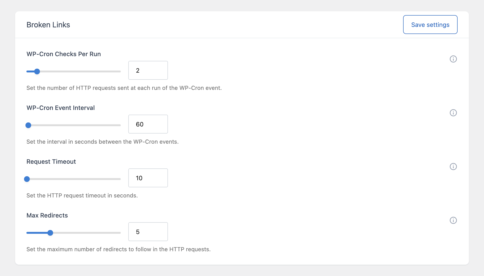The Broken Links section of the Settings menu, showing the WP-Cron Checks Per Run, Event Interval, Request Timeout, and Max Redirects options.