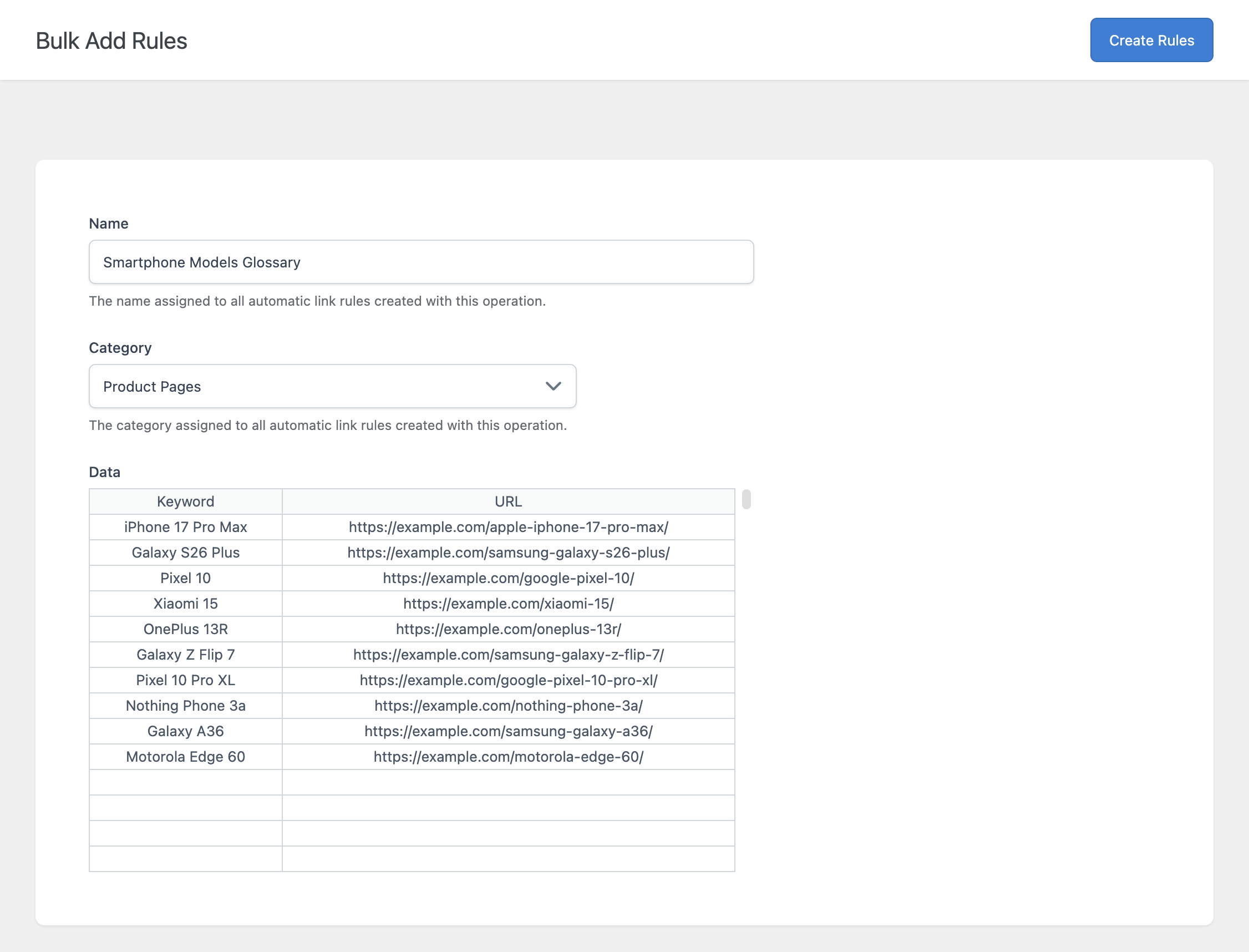The Bulk Add Rules page showing the Name field, the Category dropdown, and the Keyword/URL spreadsheet table below them. 