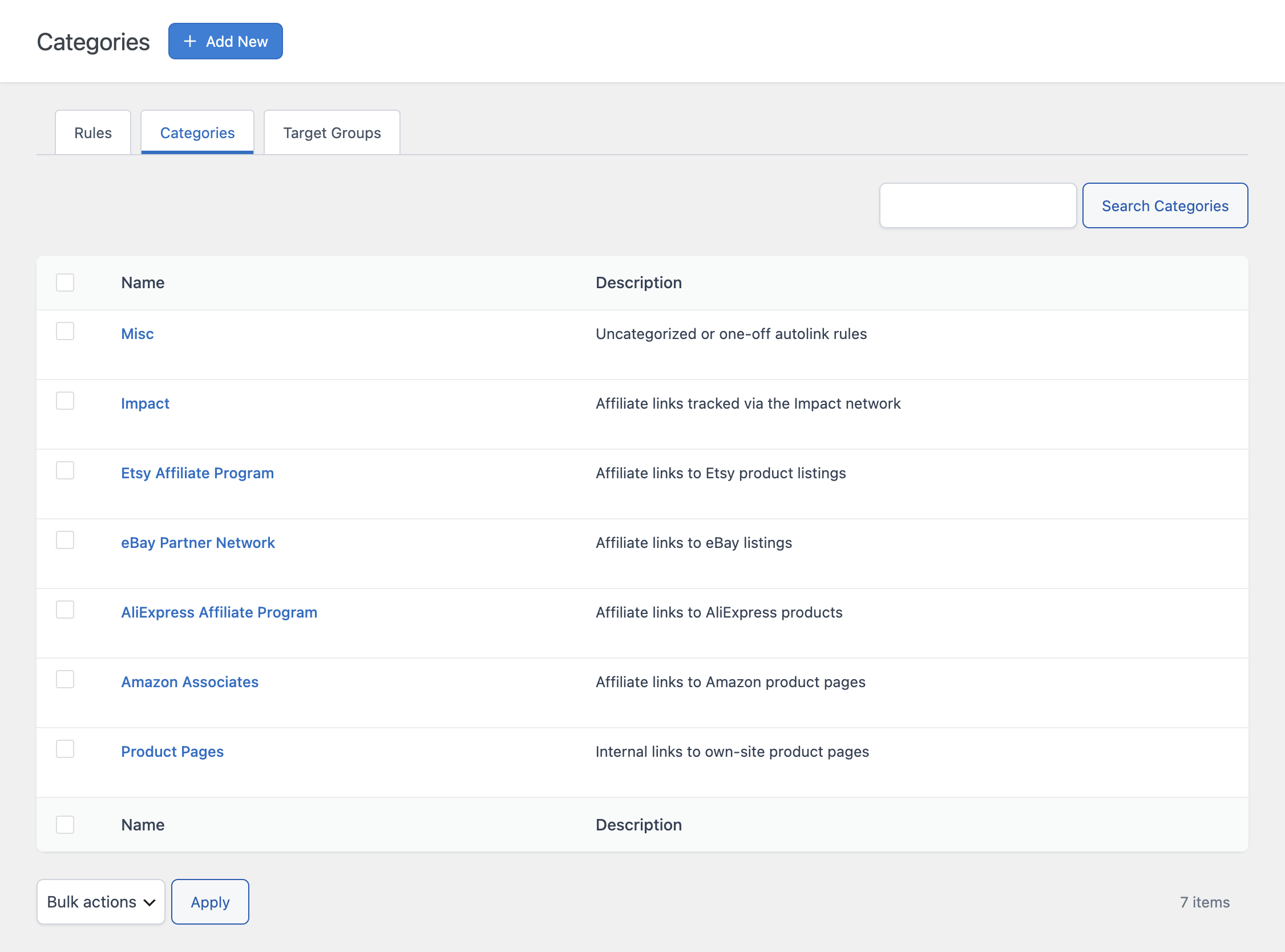 The Categories tab of the Auto Link Rules menu showing the list of existing categories with their Name and Description columns.