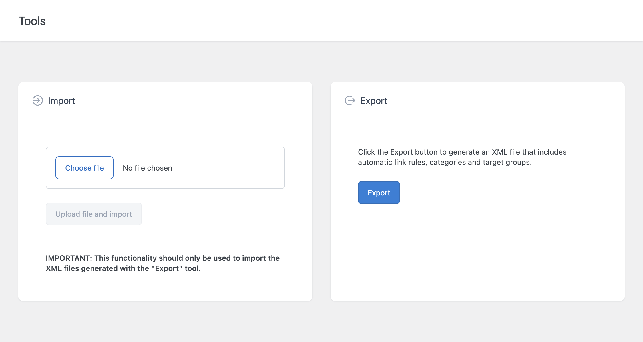 XML export feature of Link Manager. Showing the Export button.