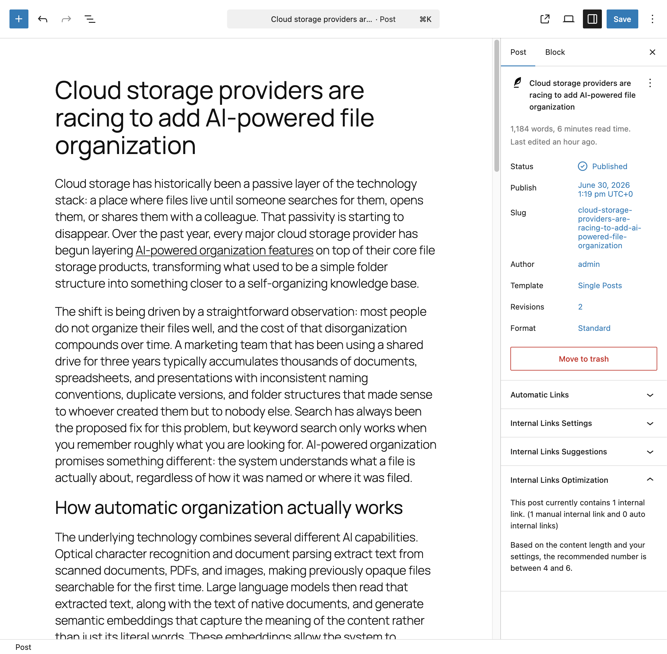 The Internal Links Optimization panel in the Gutenberg editor sidebar, showing the current internal link count and the recommended range.