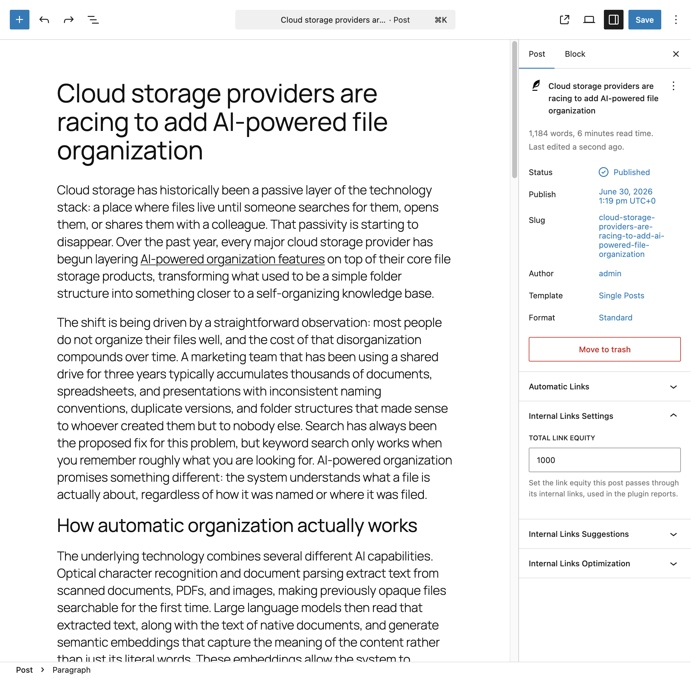 The Internal Links Settings panel in the Gutenberg editor sidebar, showing the Total Link Equity field.