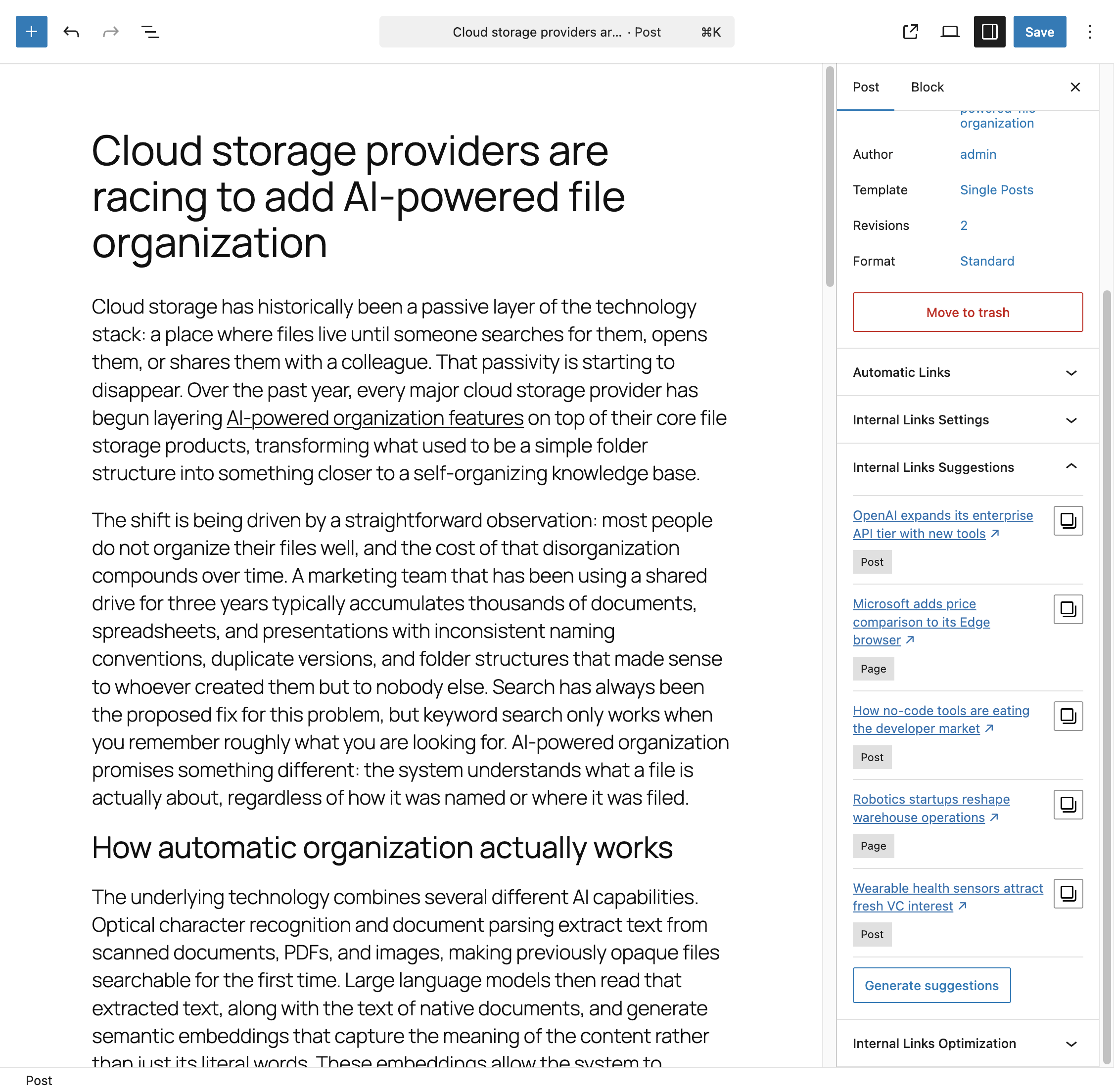 The Internal Links Suggestions panel in the Gutenberg editor sidebar, showing a list of suggested posts with their titles and post types.