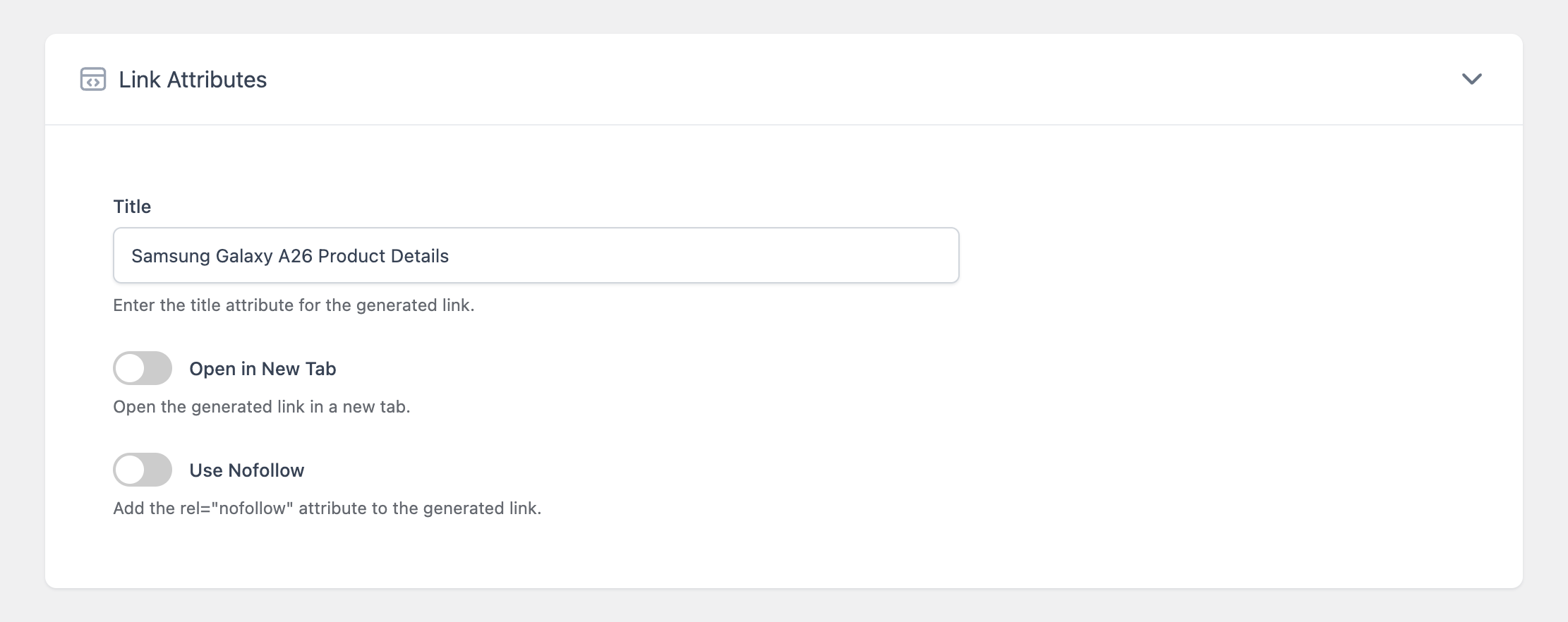 The Link Attributes section of the rule form showing the Title field and the Open in New Tab and Use Nofollow toggles.