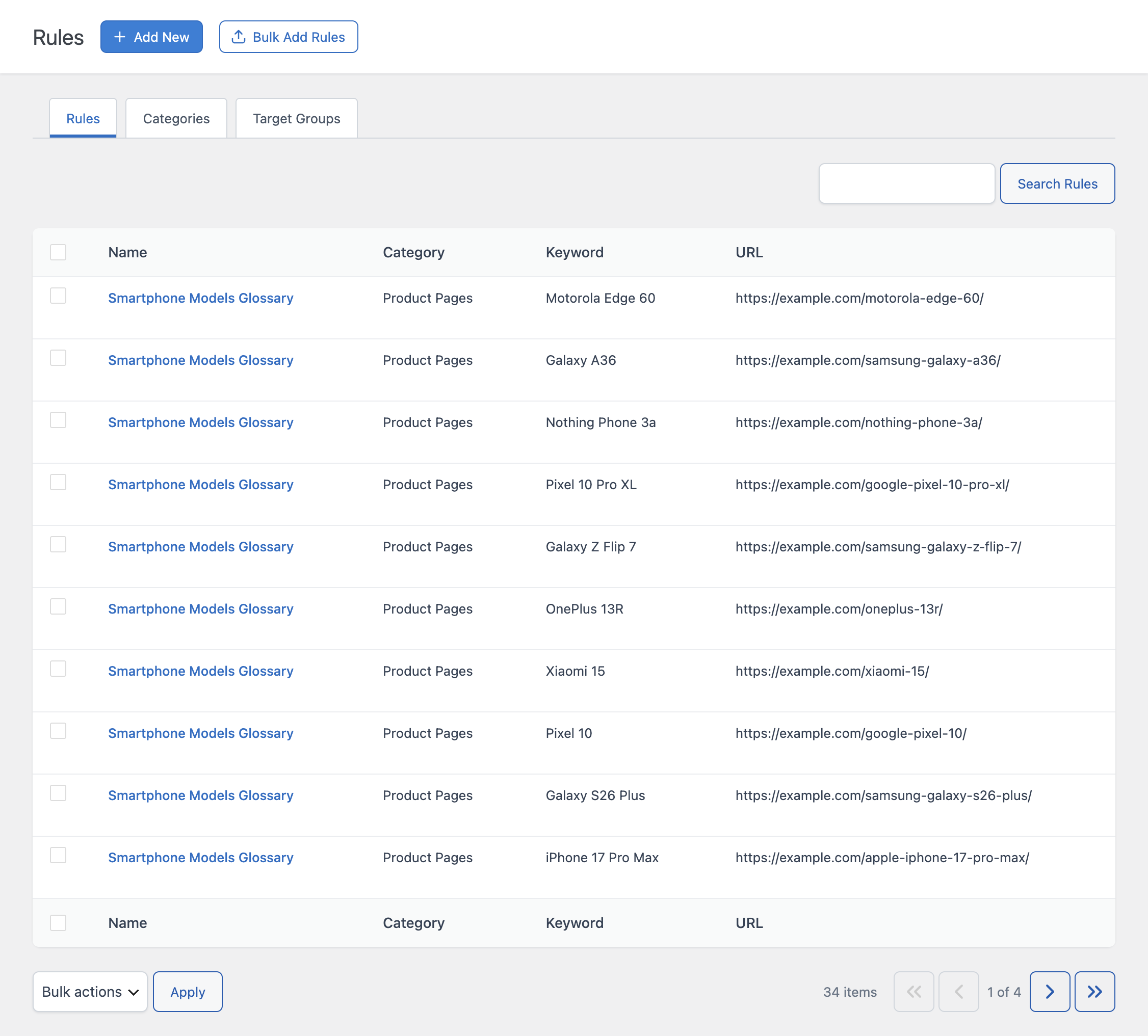 The Rules tab showing multiple rules with the same Name, indicating they were created together using Bulk Add Rules.
