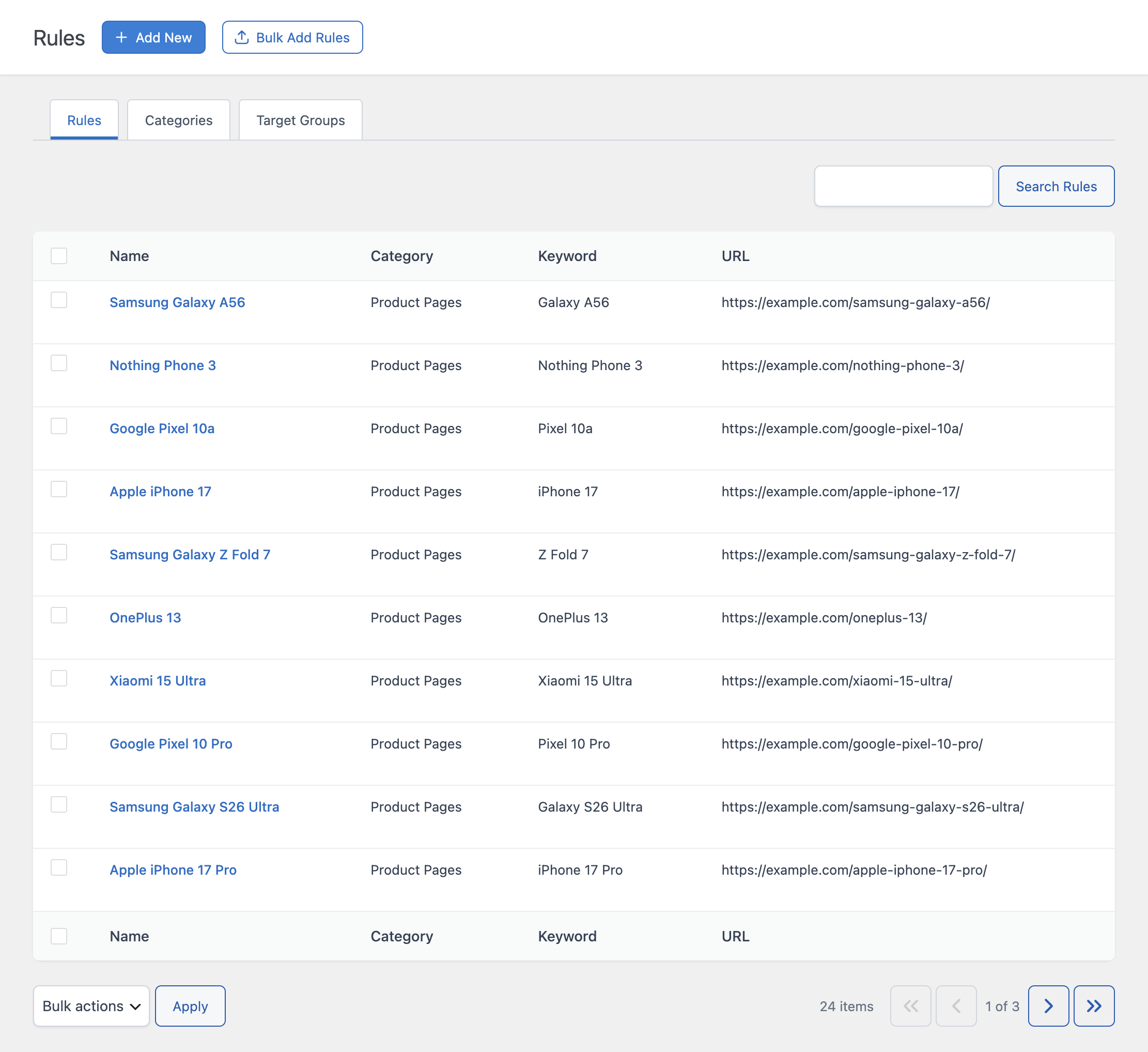 The Auto Link Rules list view showing the Rules tab active, with the Name, Category, Keyword, and URL columns populated.