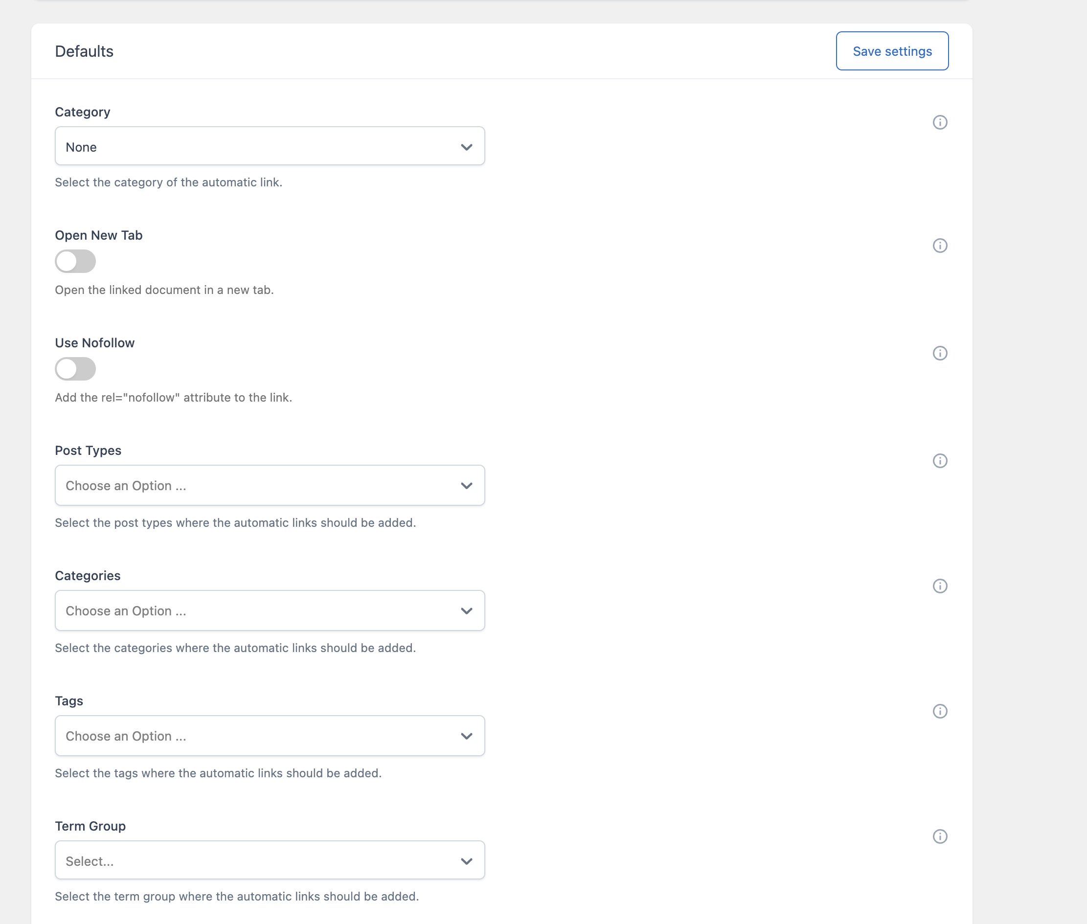 The Defaults card in the Automatic Links section of the Settings menu, showing the Category, Open New Tab, Use Nofollow, Post Types, Categories, Tags, and Term Group fields.