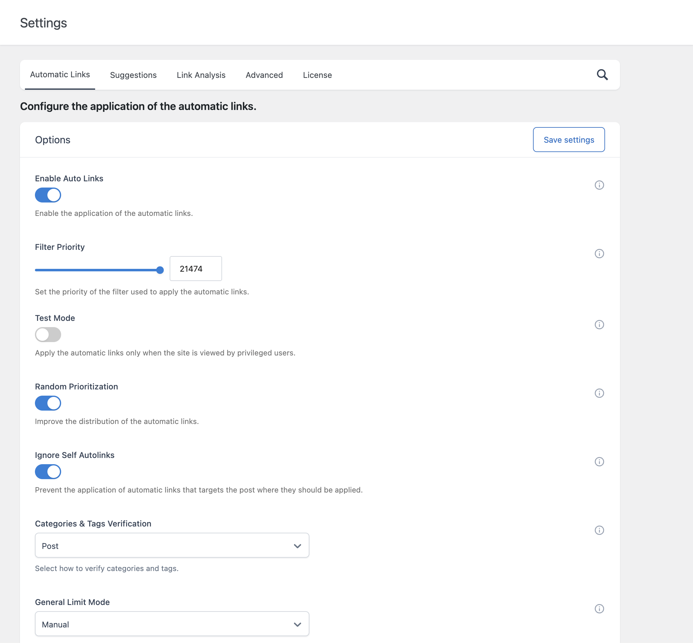 The Automatic Links section of the Settings menu showing the Options card with its toggles and fields.