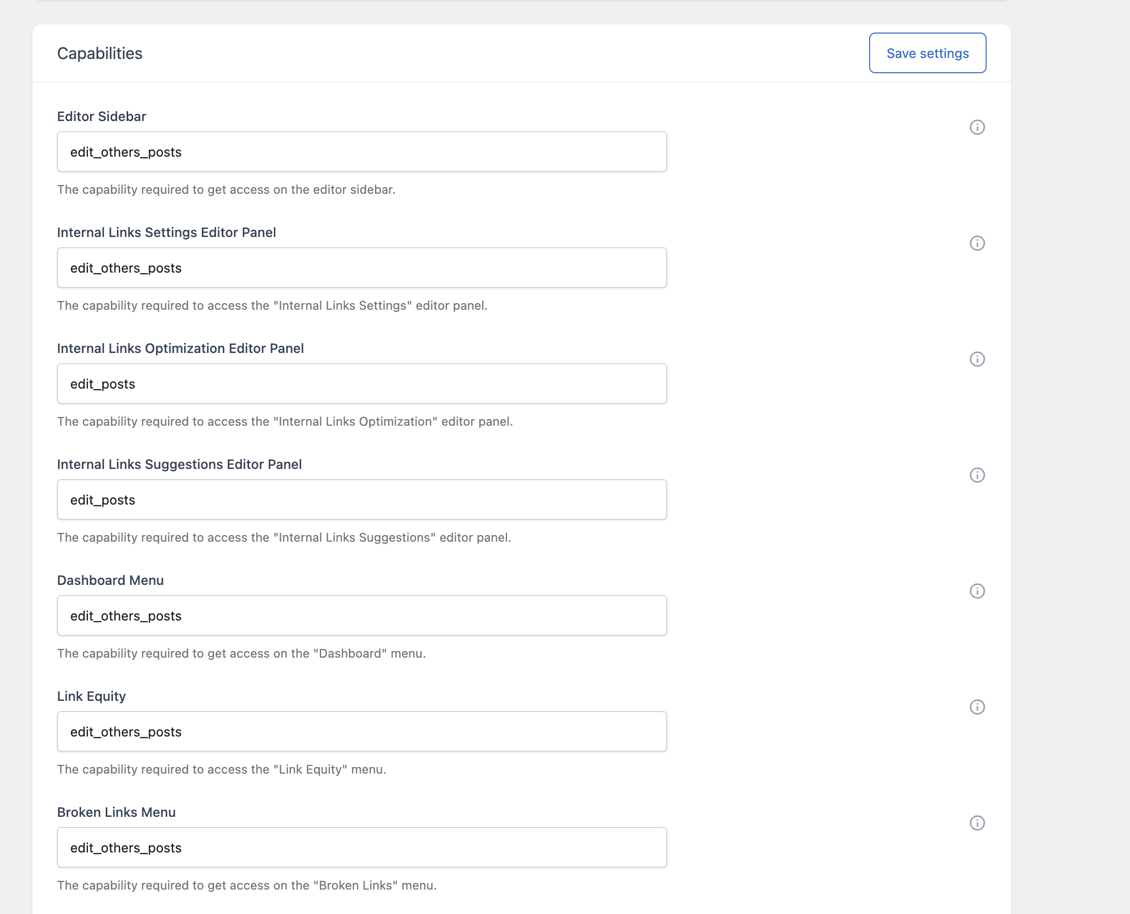 The Capabilities card in the Advanced section of the Settings menu, showing the list of capability fields for each menu and editor panel.