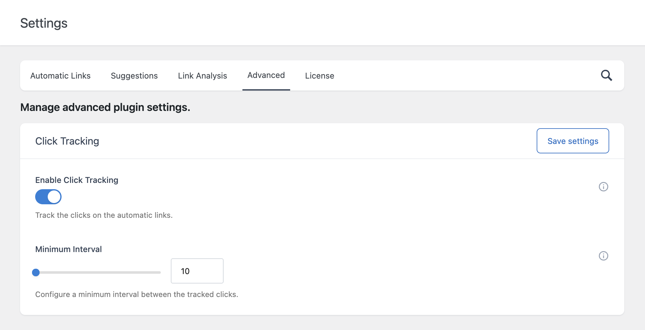 The Click Tracking card in the Settings menu showing the Enable Click Tracking toggle and the Minimum Interval option.