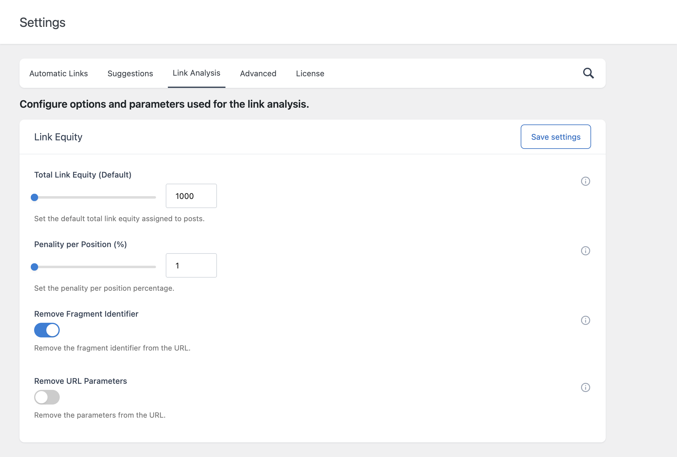 The Link Equity card in the Link Analysis section of the Settings menu, showing the Total Link Equity Default, Penality per Position, and URL normalization options.